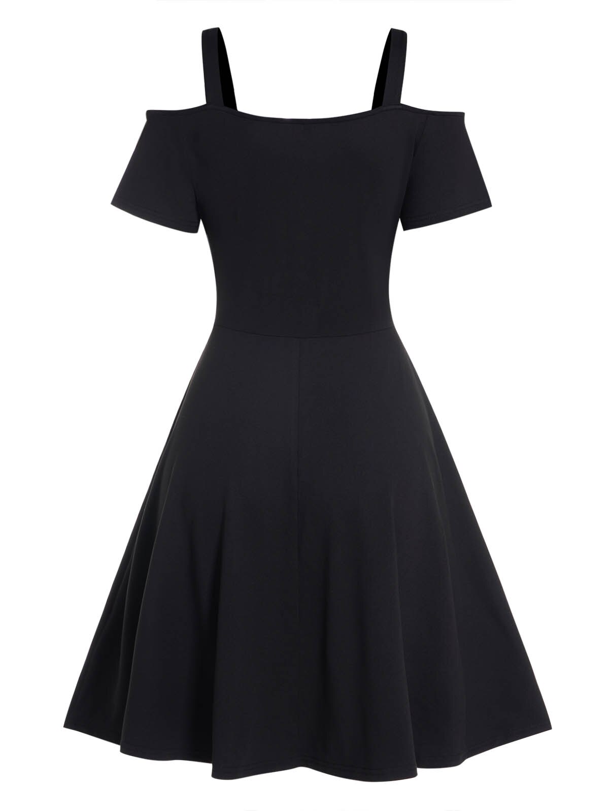 Cold Shoulder Crossover O Ring Dress Short Sleeve Sweetheart Neck Harajuku Punk Gothic Black High Waist Dresses For Women