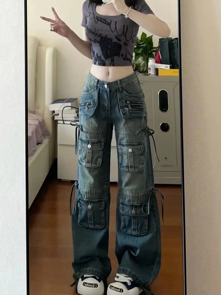Women BF Style Streetwear Harajuku Baggy Multi-Pocket Blue Denim Cargo Pants Low Waisted Wide Leg Jeans 2000s Aesthetic Kpop