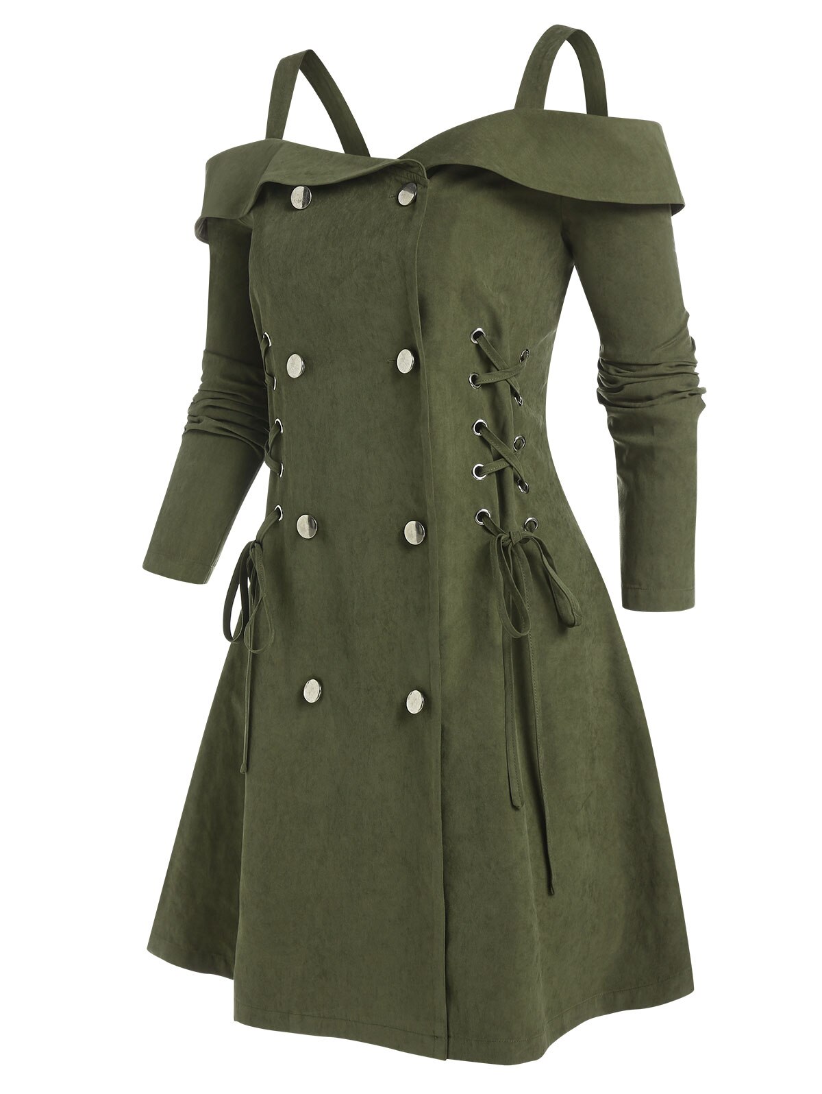 Cold Shoulder Button Up Lace-up Dress A Line Mini Double Breasted Long Sleeve Deep Green Casual Robe For Women Fall Spring