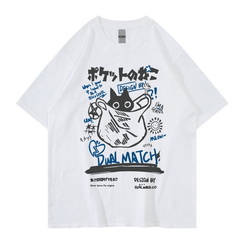 Hip Hop Women T-Shirt Streetwear Japanese Kanji Funny Cat Print Short Sleeve T Shirt Summer Clothes Tops