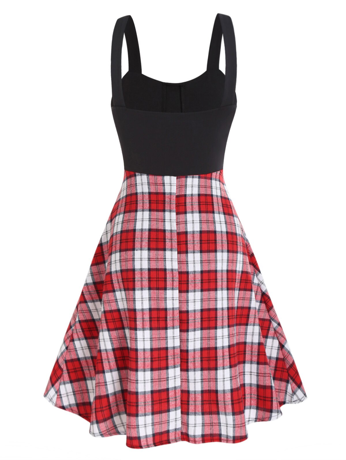 Colorblock Plaid Print Panel Lace Up Front Pocket High Waisted A Line Dress Women Fashion High Waisted Mock Button Robe