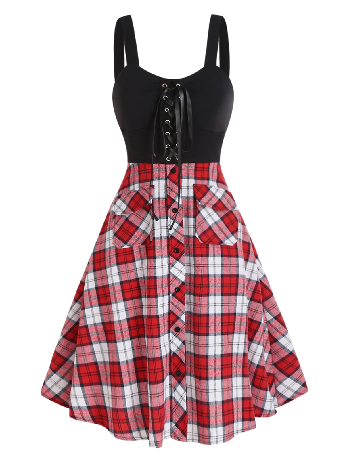 Colorblock Plaid Print Panel Lace Up Front Pocket High Waisted A Line Dress Women Fashion High Waisted Mock Button Robe