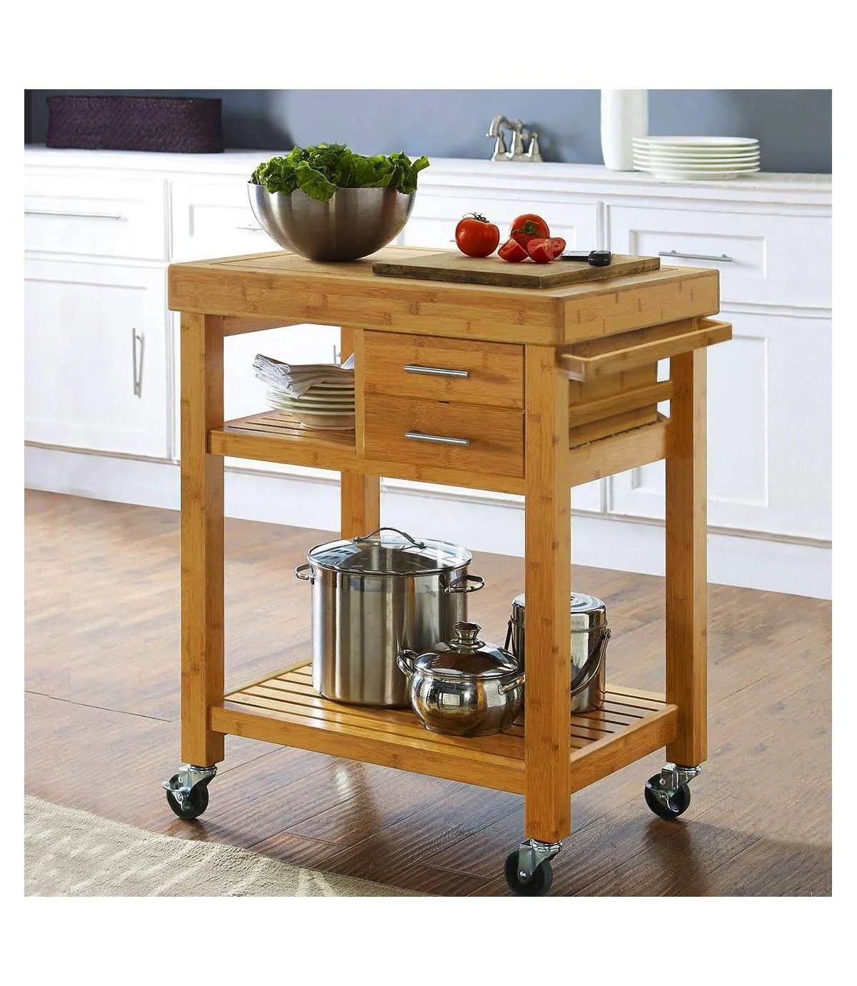 Home Aesthetics Rolling Bamboo Kitchen Island Cart Food Prep Trolley 