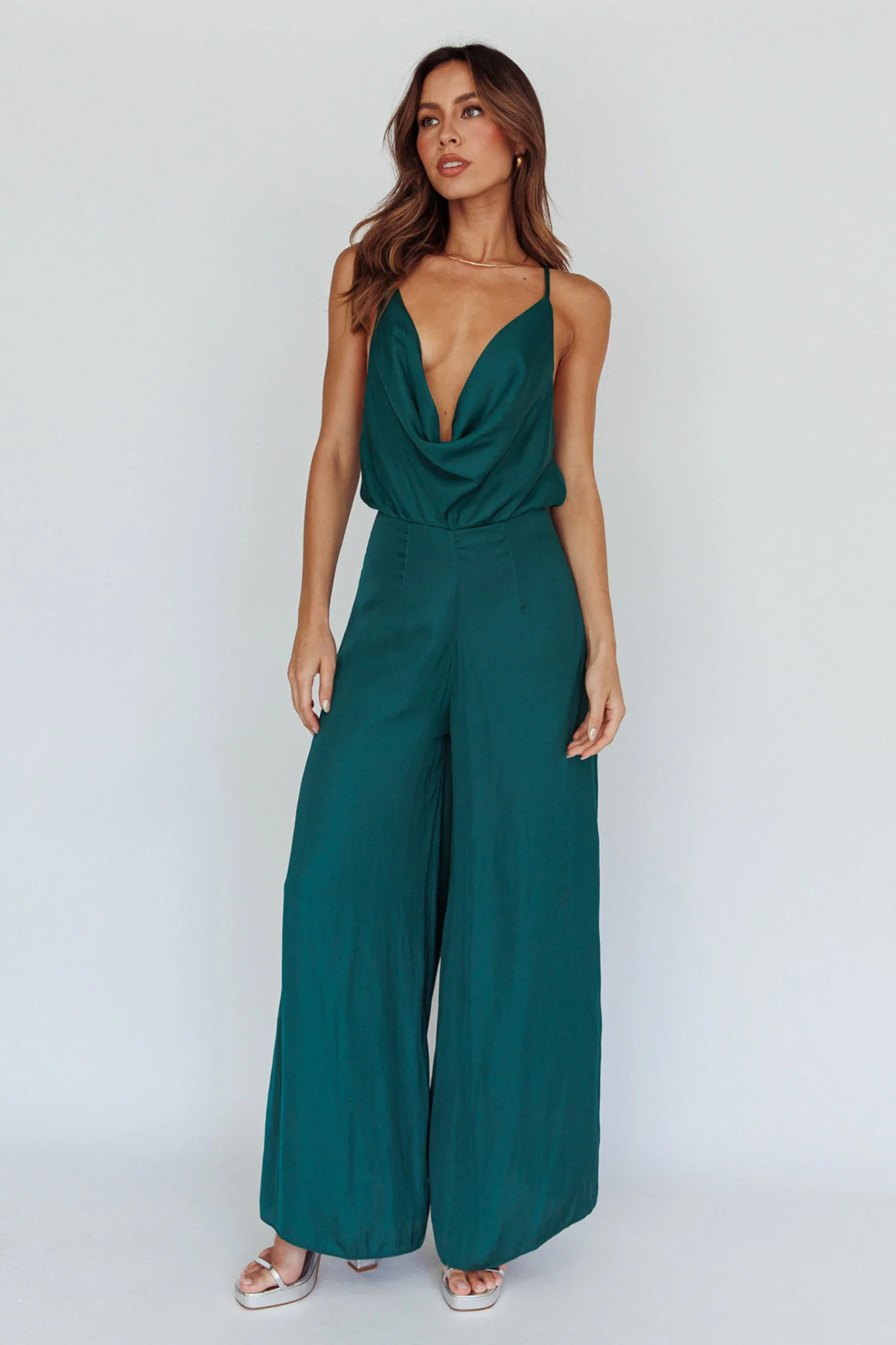 Jaclyn Wide-Leg Cowl Neck Jumpsuit Forest Green