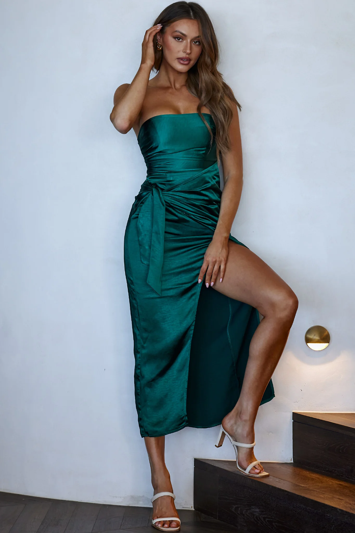 Gianna Strapless Waist Tie Midi Dress Forest Green
