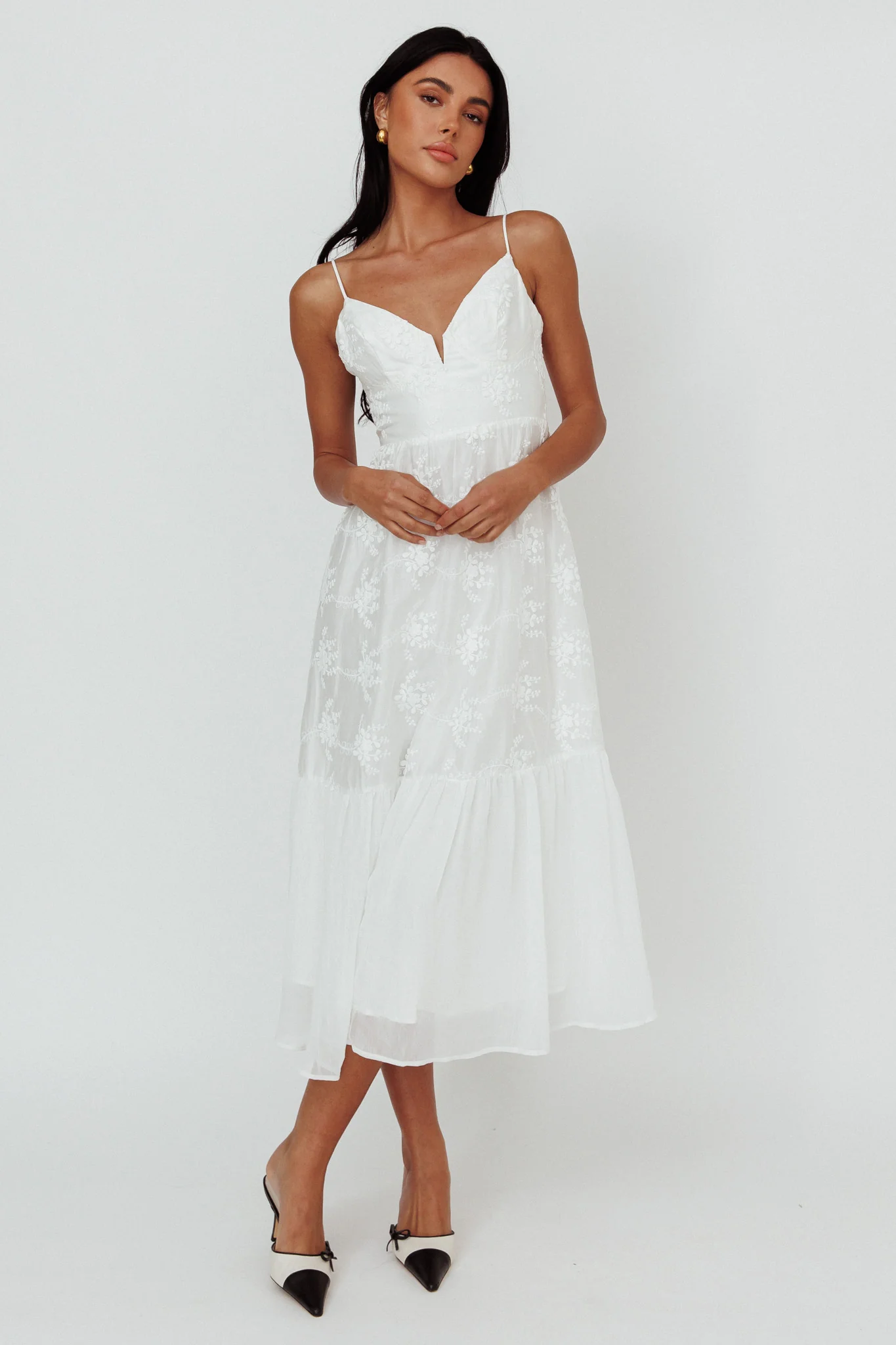 Lake Como Floral Embroidered Midi Dress White