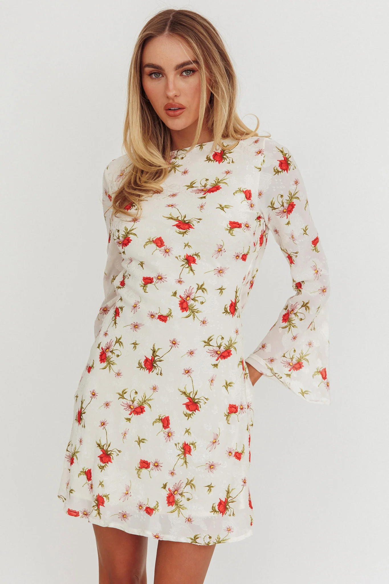 Thriller Long Sleeve Backless Mini Dress Floral White