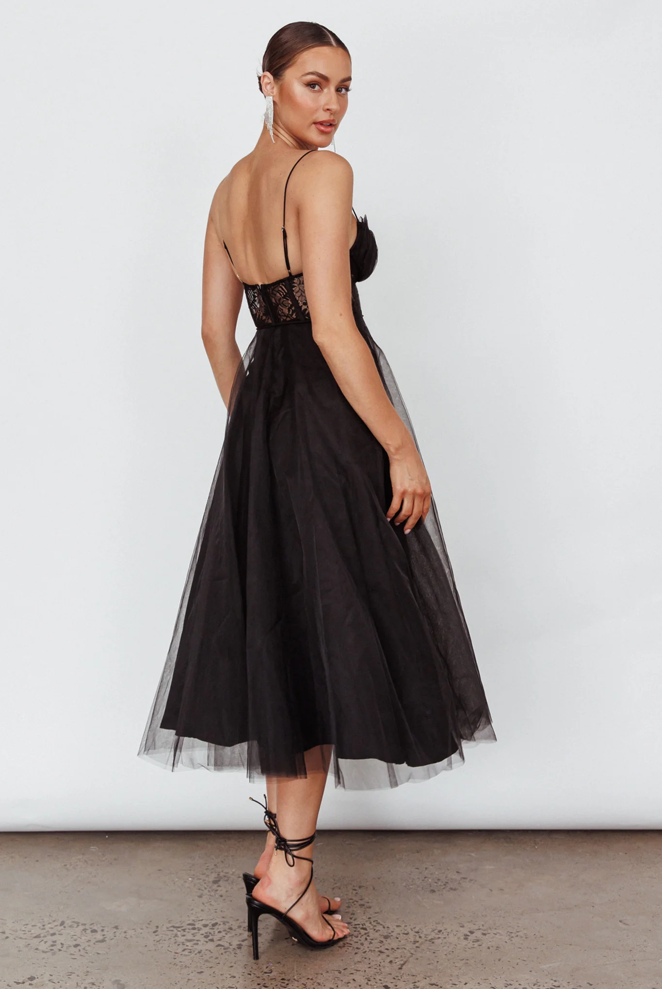 Trophy Lace Bodice Mesh Midi Dress Black