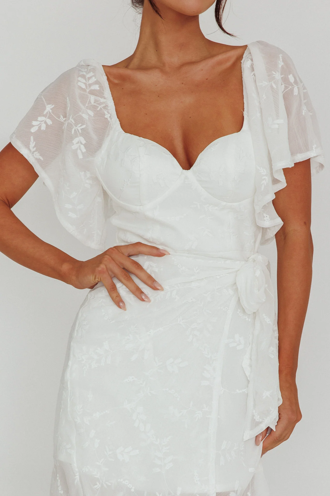 Aphrodite Molded Bust Angel Sleeve Midi Dress Floral White