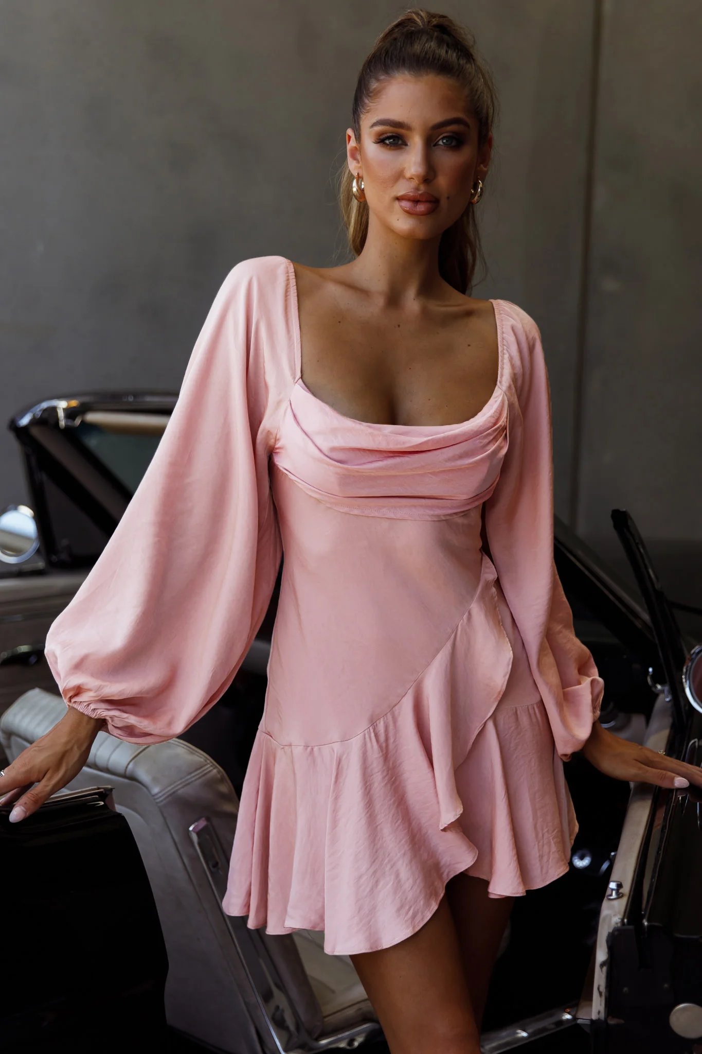Beaujolais Long Sleeve Cowl Neckline Ruffle Satin Mini Dress Blush
