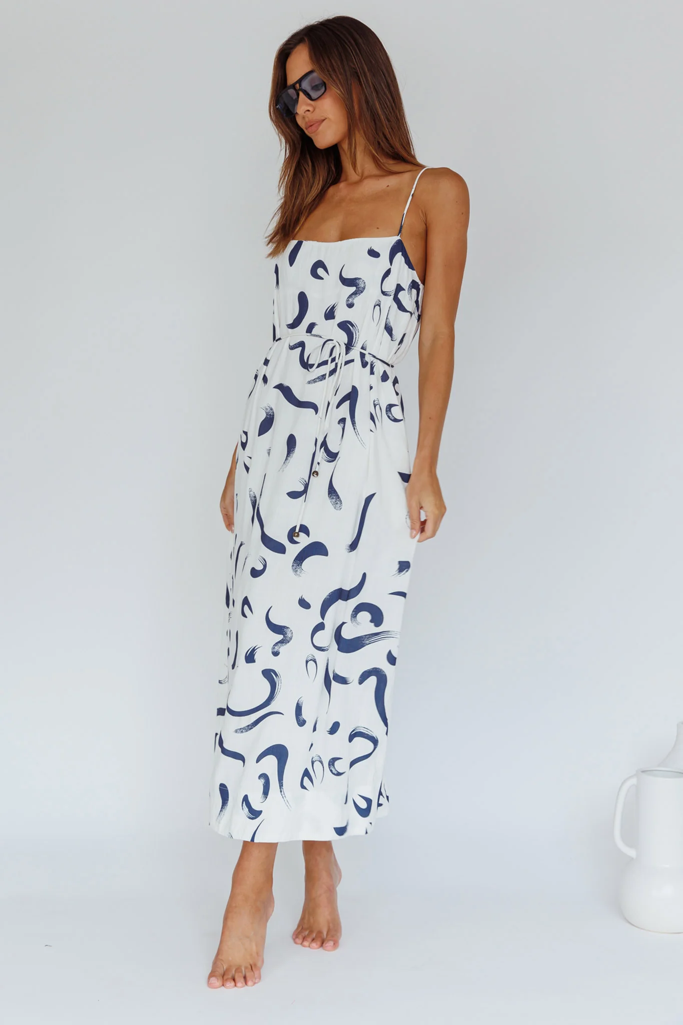 Rossy Waist Tie Midi Dress Printed Navy