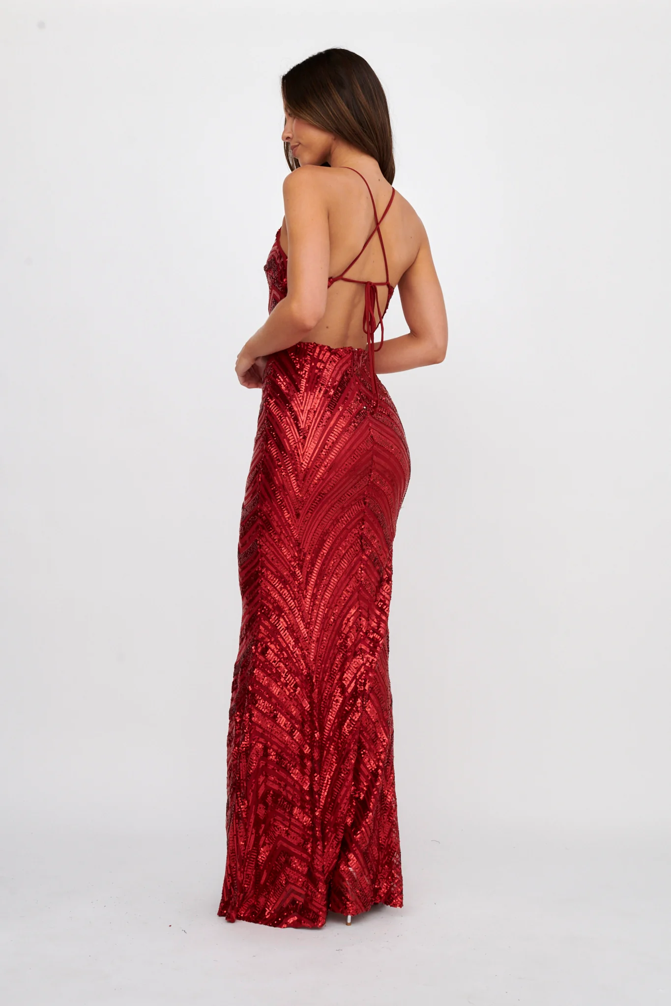 Dalila Open Tied Back Sequin Maxi Dress Red