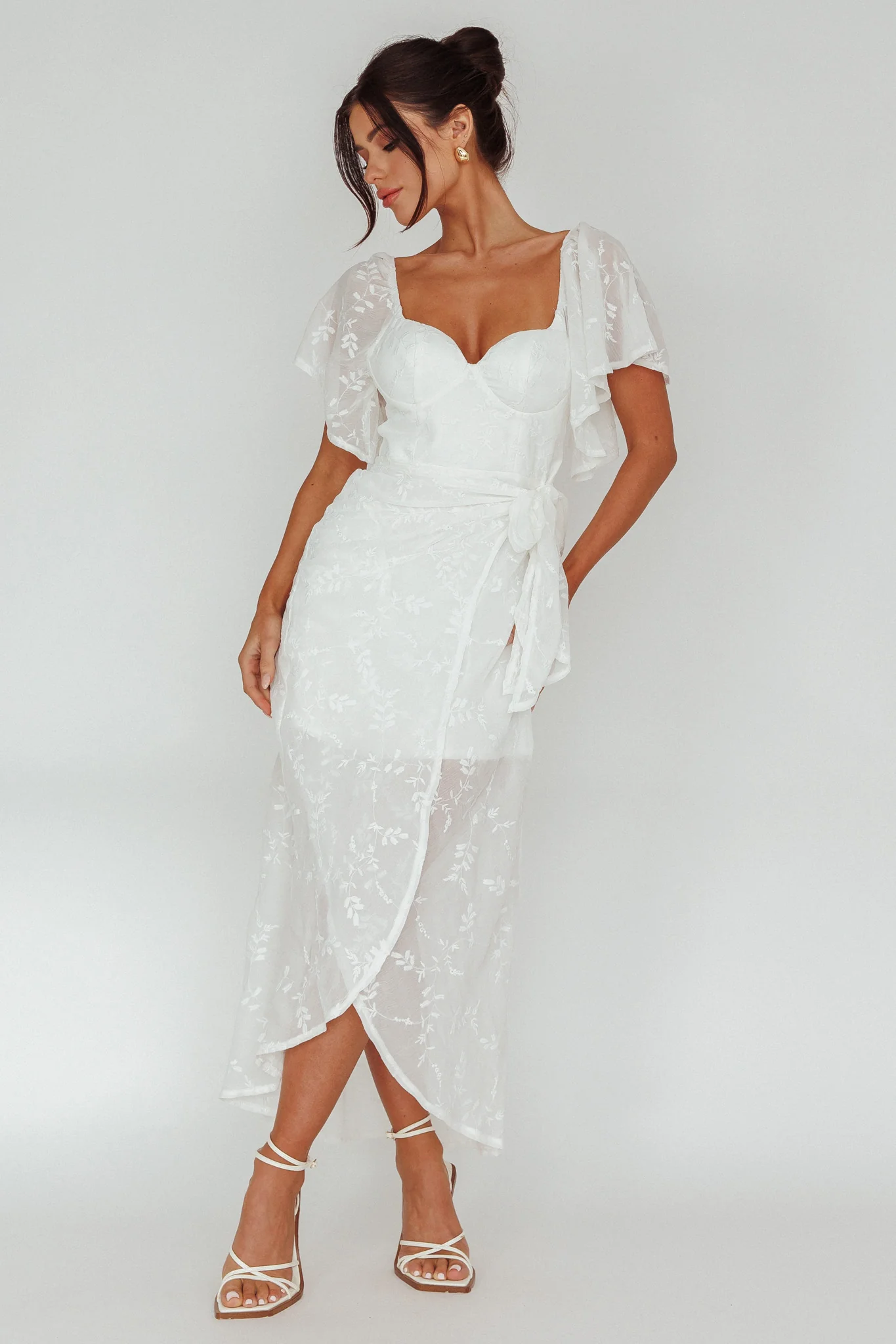 Aphrodite Molded Bust Angel Sleeve Midi Dress Floral White