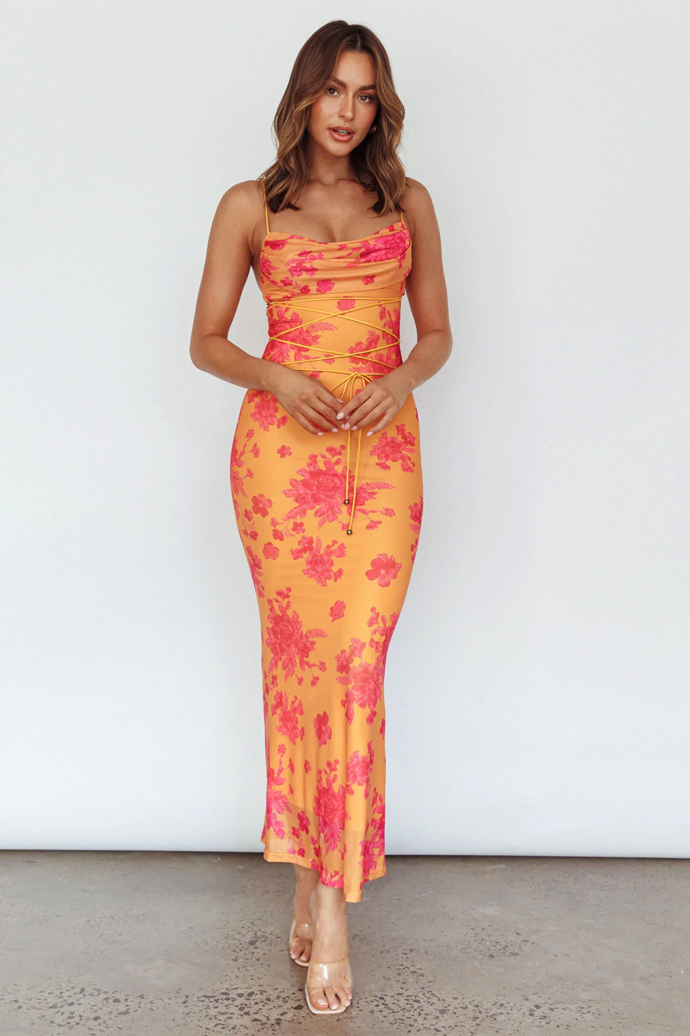 Teava Laced Waist Maxi Dress Floral Orange