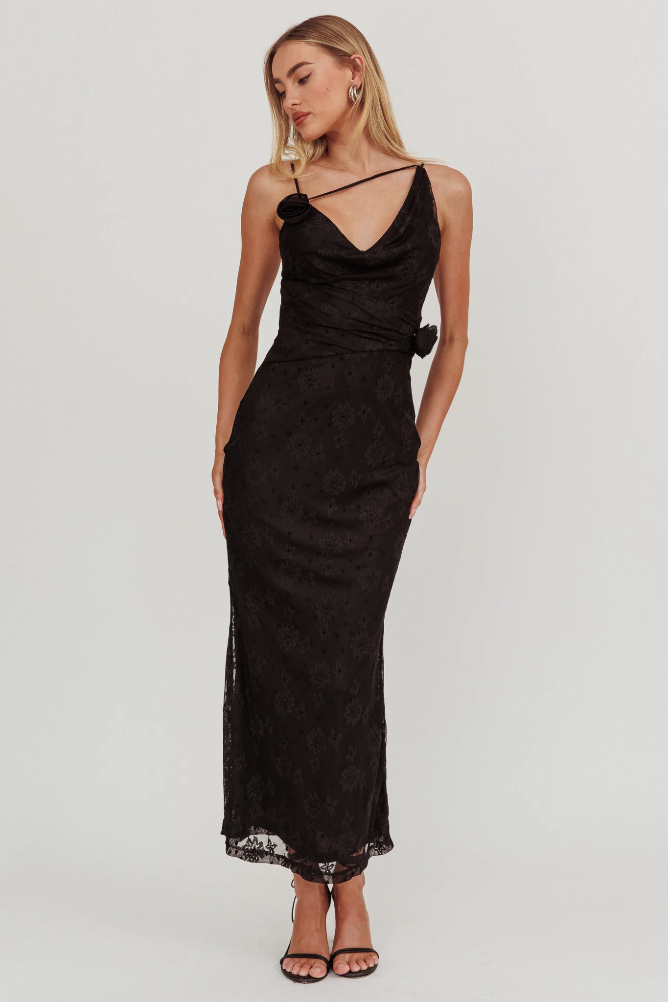 Golden Glow Rosette Cowl Neck Maxi Dress Black