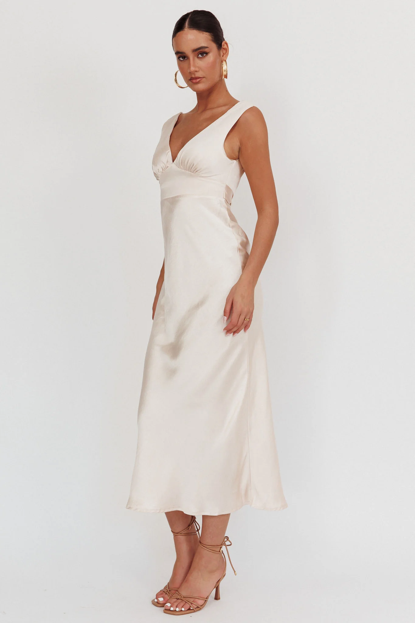 Leila V-Neck Low Back Satin Midi Dress Ivory
