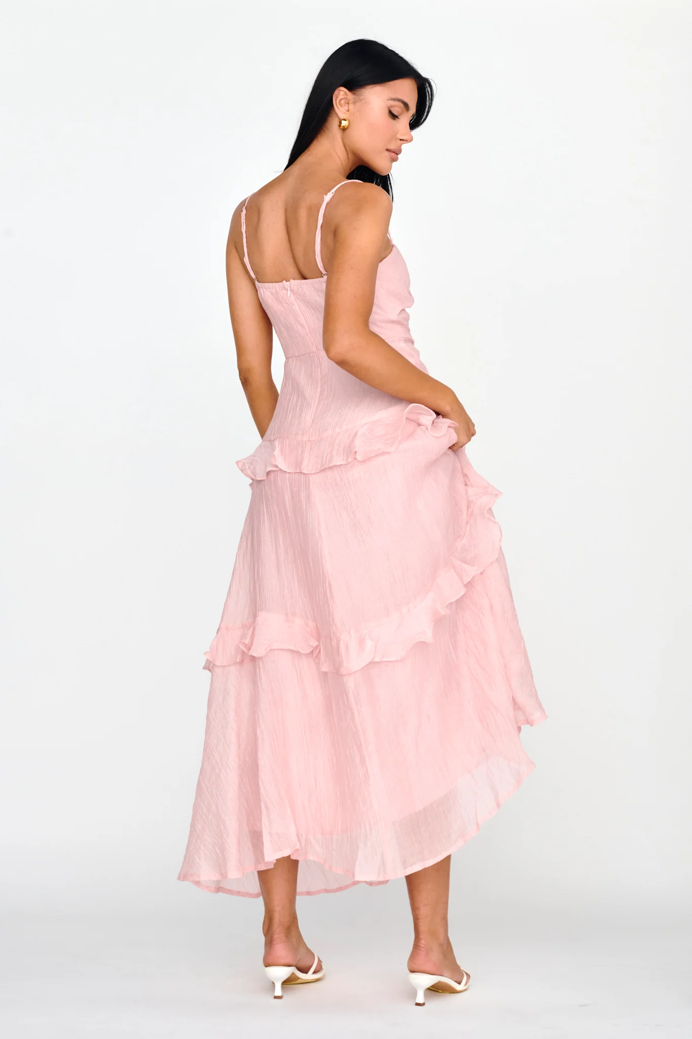 Rise & Glow Frill Trim Textured Midi Dress Blush