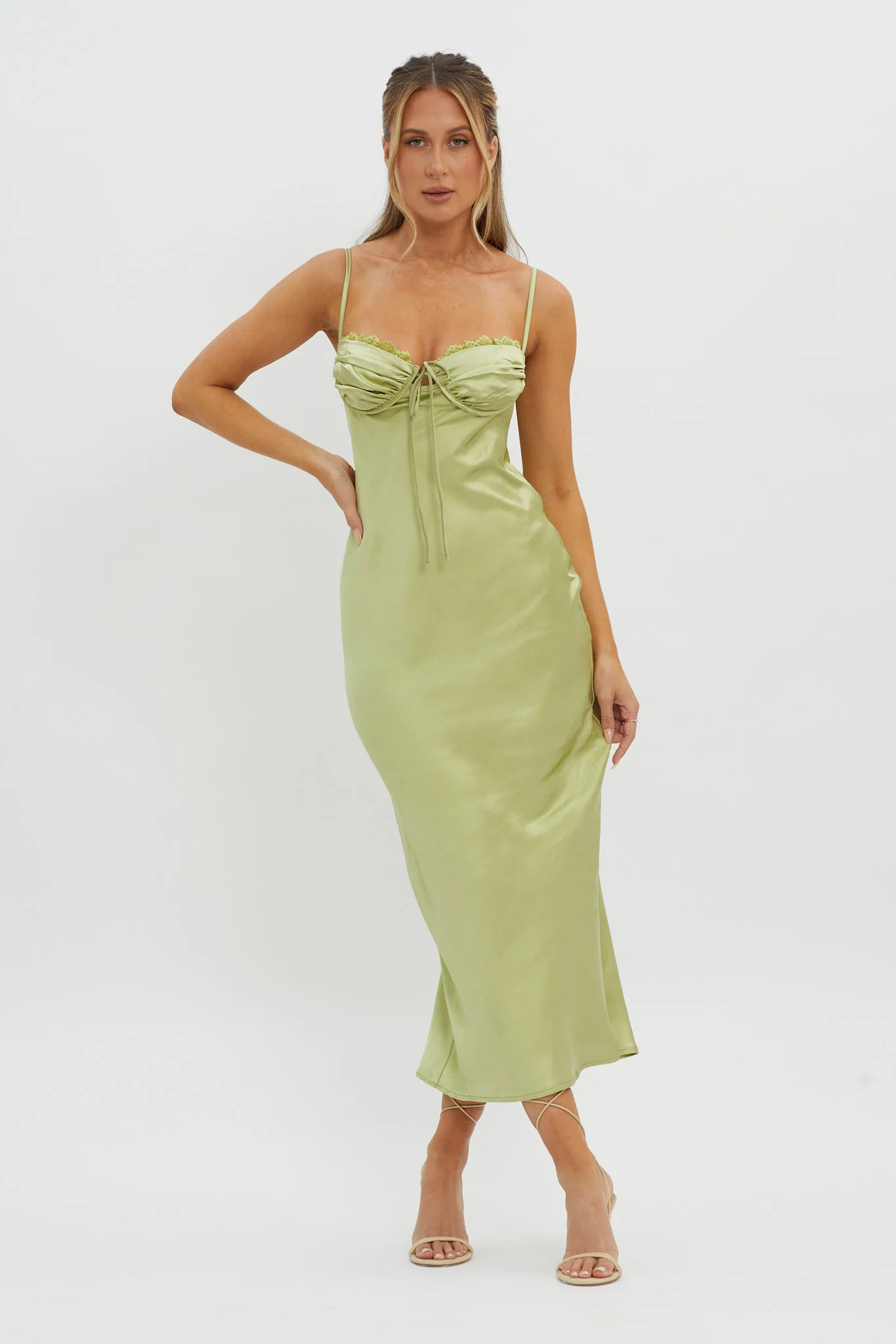 Fortune Lace Trim Bust Tie Midi Dress Lime