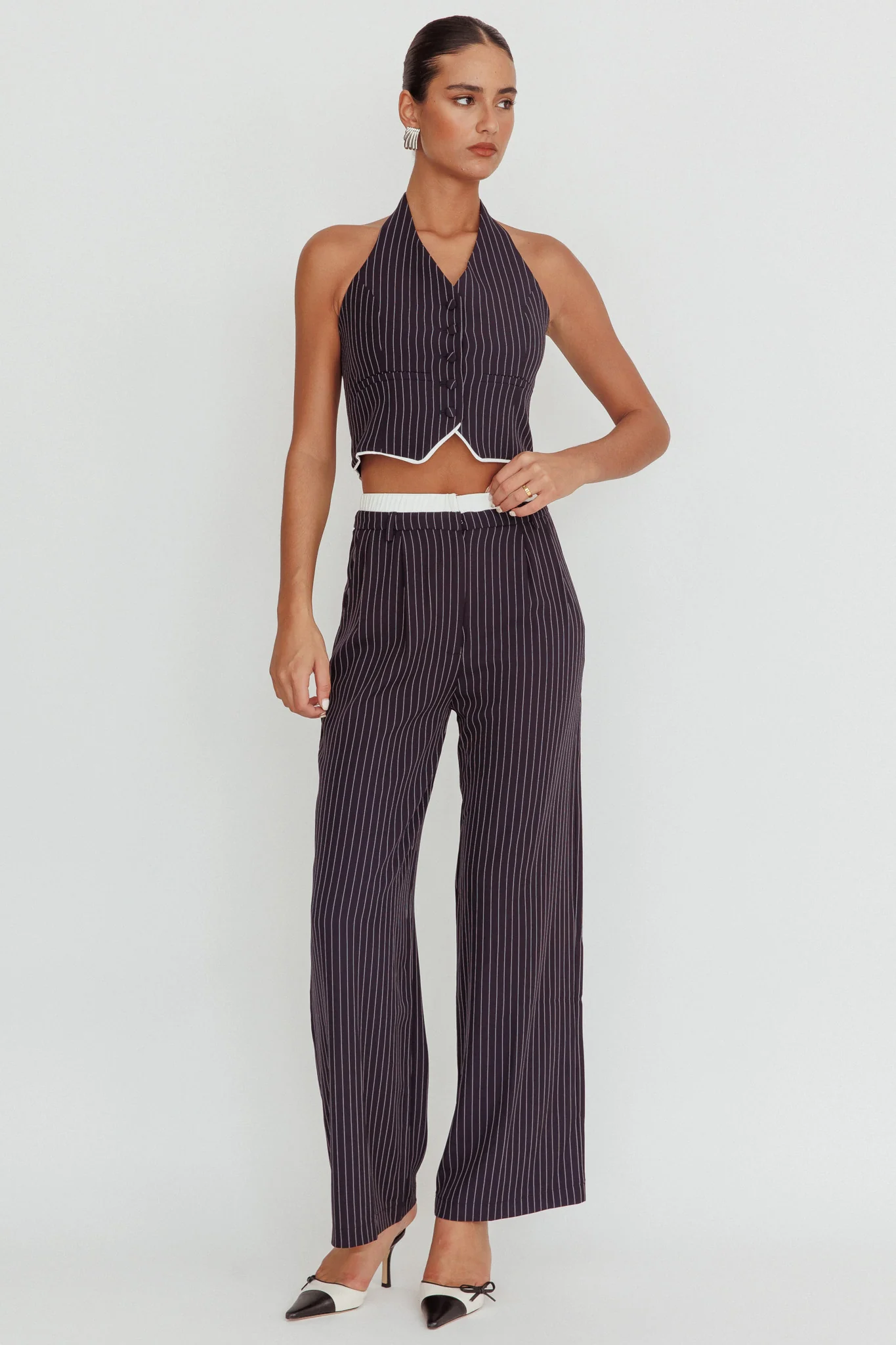 Lilija Pinstripe Double Waistband Wide-Leg Pants Navy