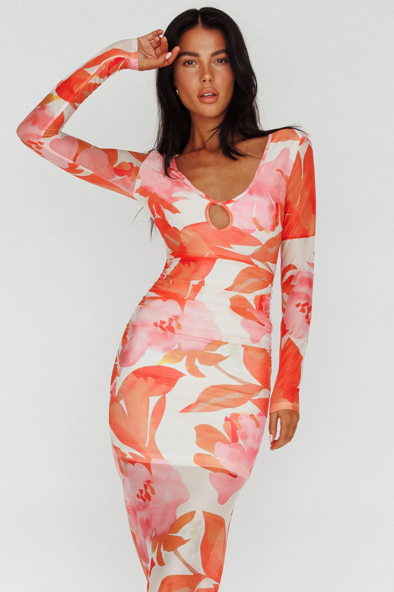 Chardae Long Sleeve Mesh Midi Dress Floral Pink