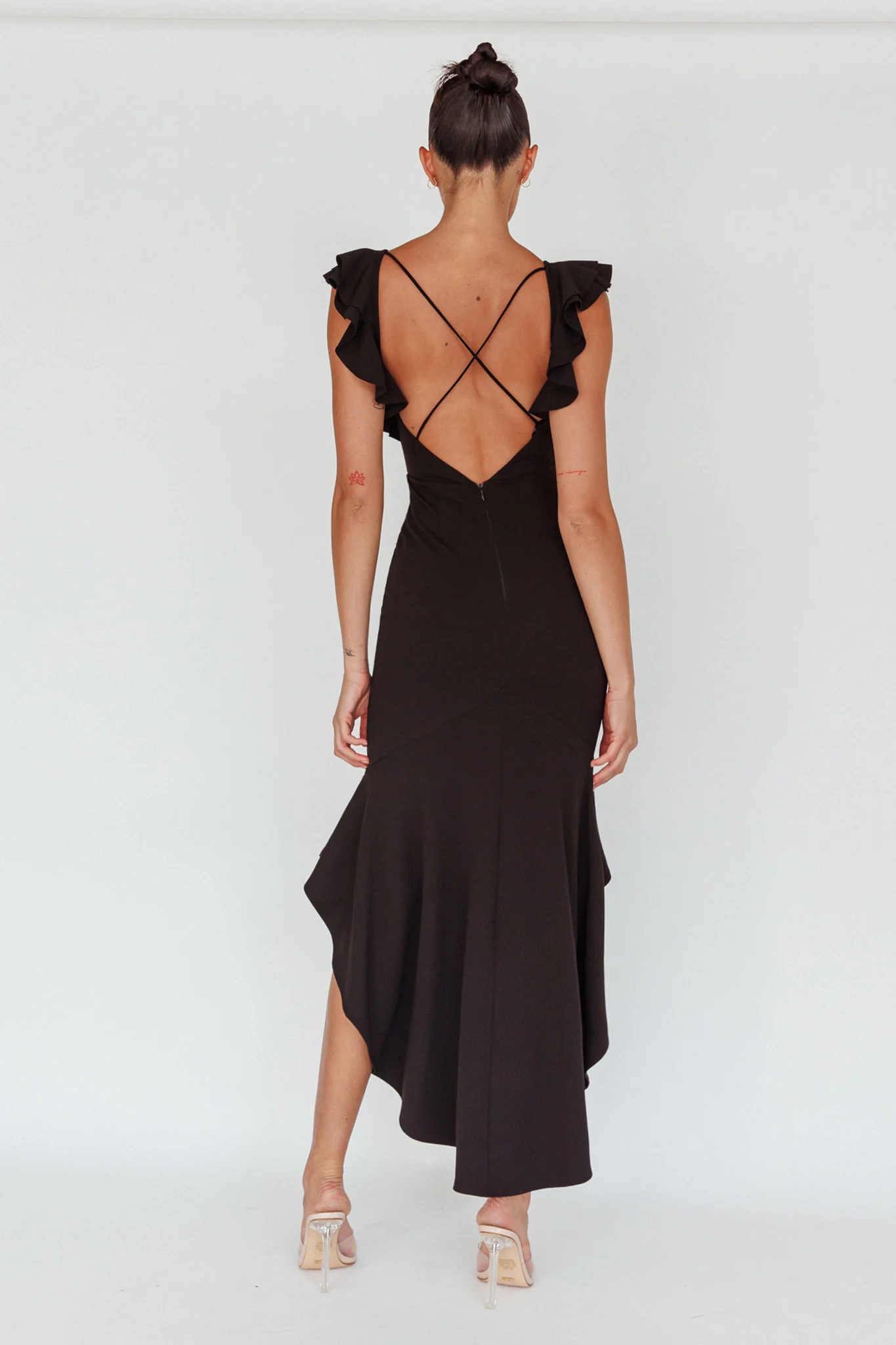 Pearl Ruffle Strap High-Low Hem Dress Black