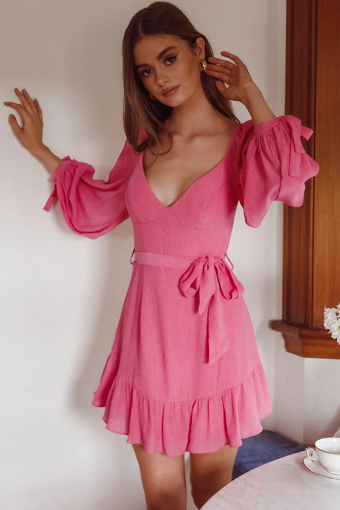 Make Memories Balloon Sleeve Molded Bust Dress Hot Pink
