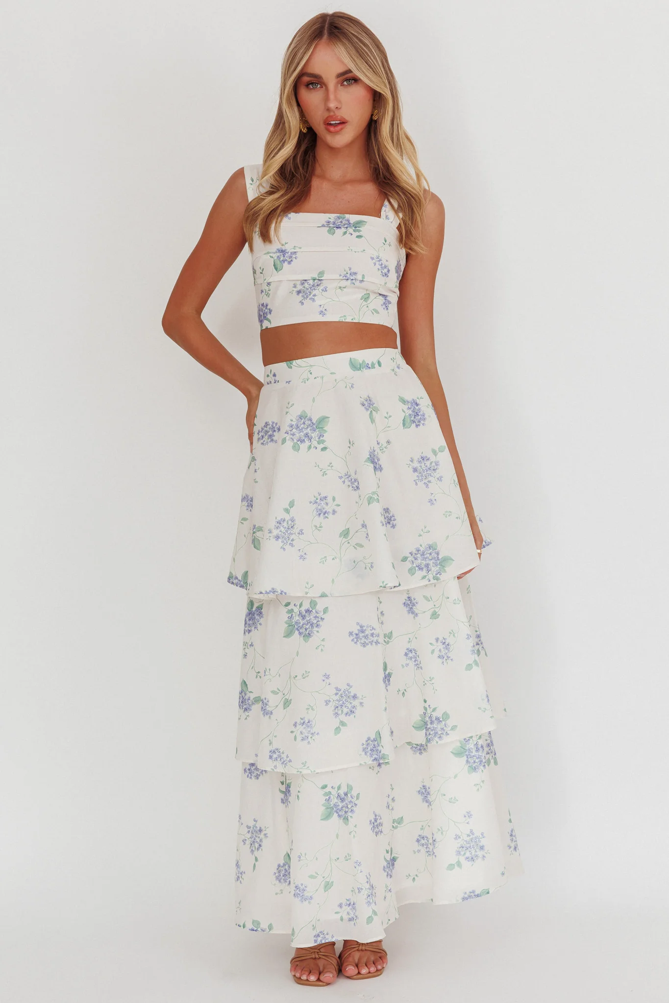 Dixon Tiered Maxi Skirt Floral Beige