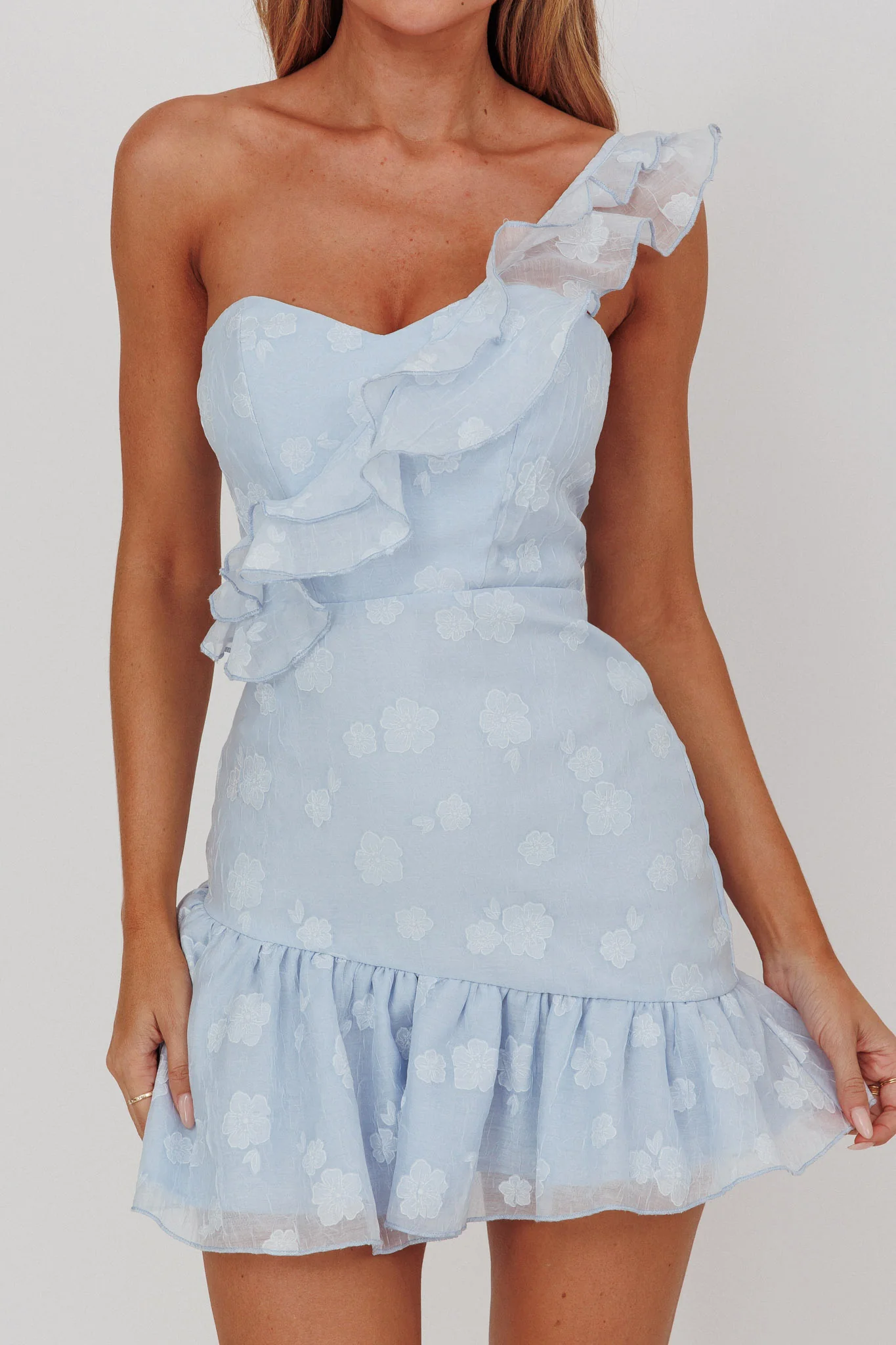 Minka One-Shoulder Ruffle Mini Dress Blue