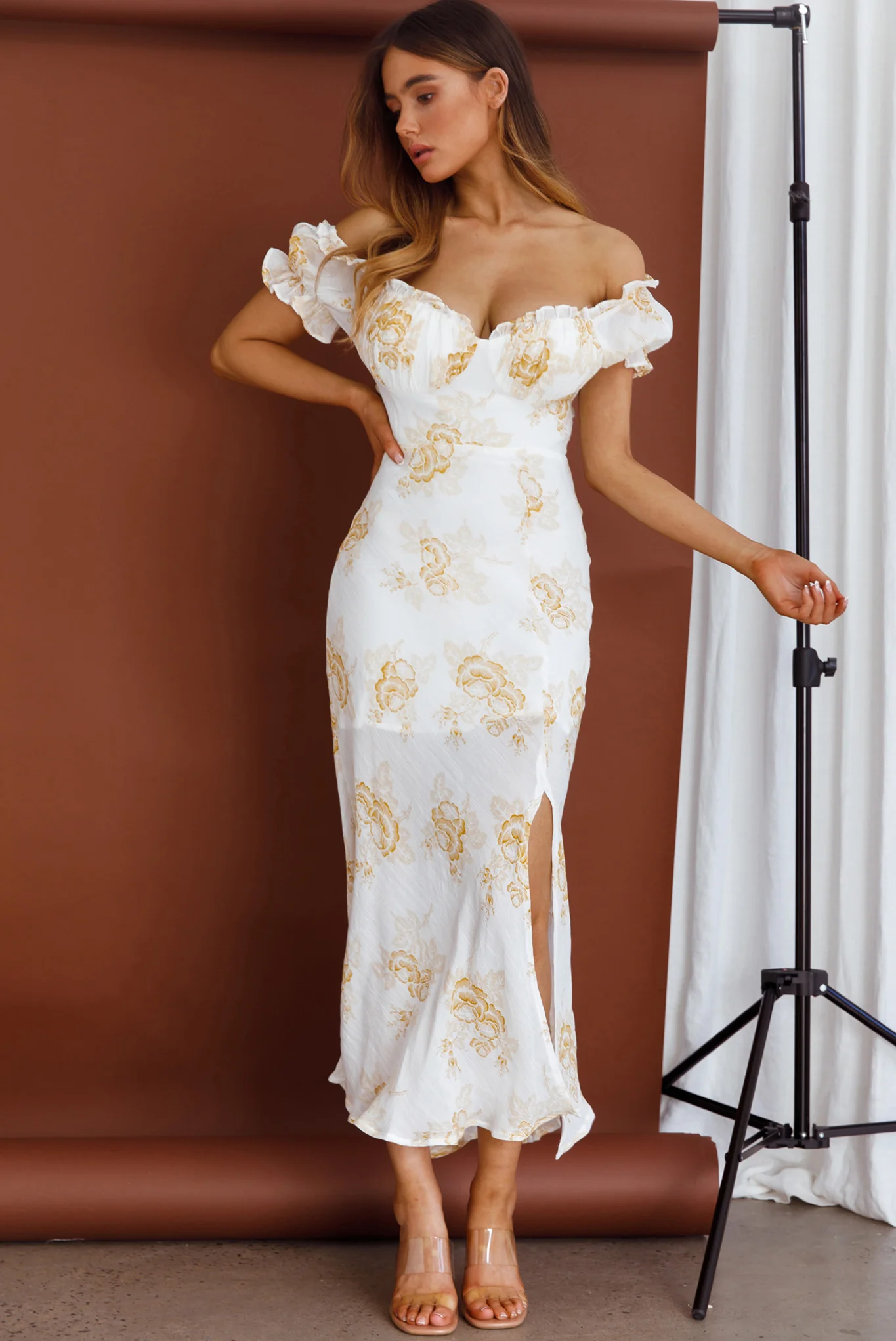 Pixie Puff Sleeve Midi Dress Floral Yellow