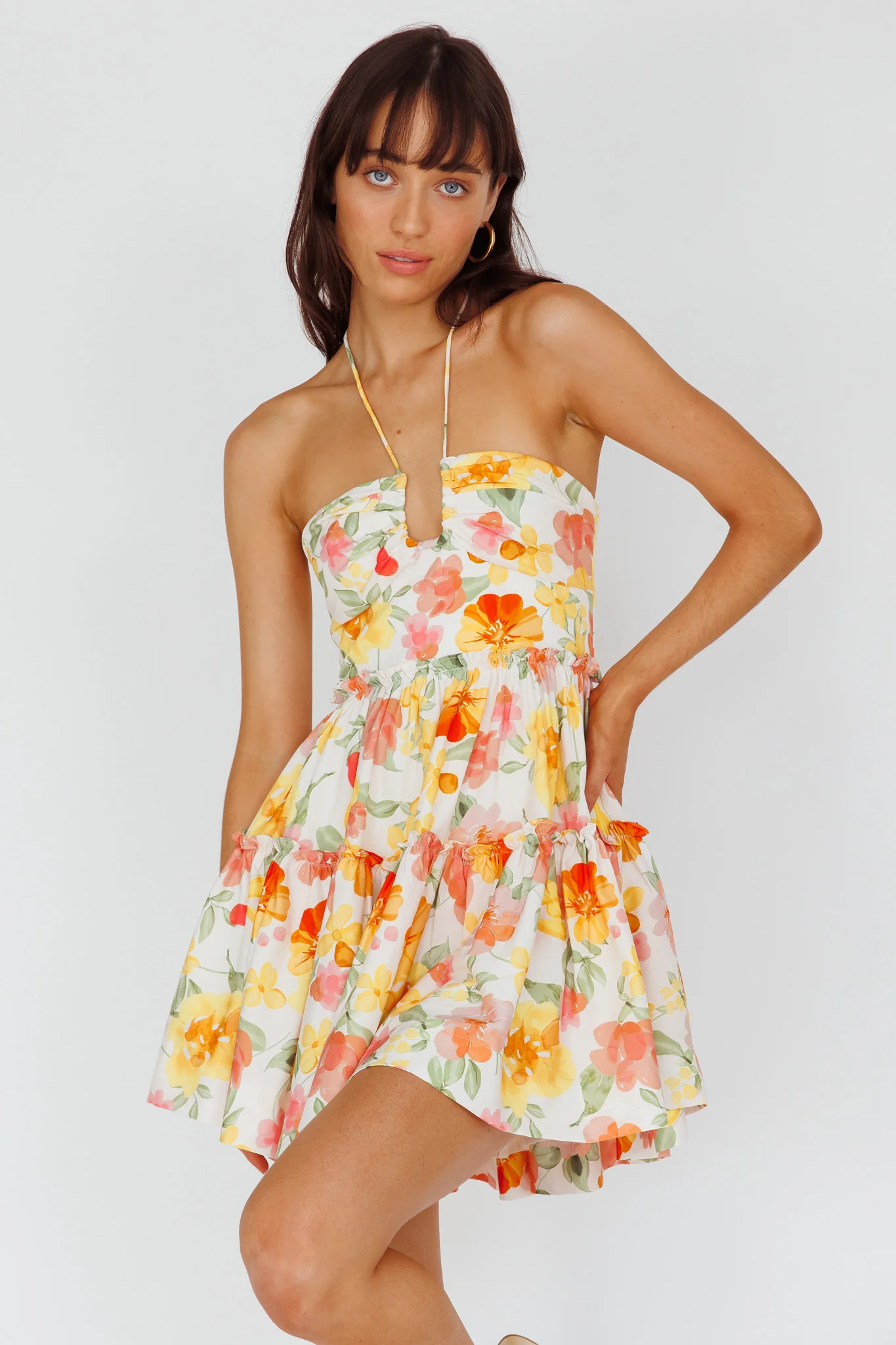 Horizons Frill Trim Mini Dress Floral Yellow