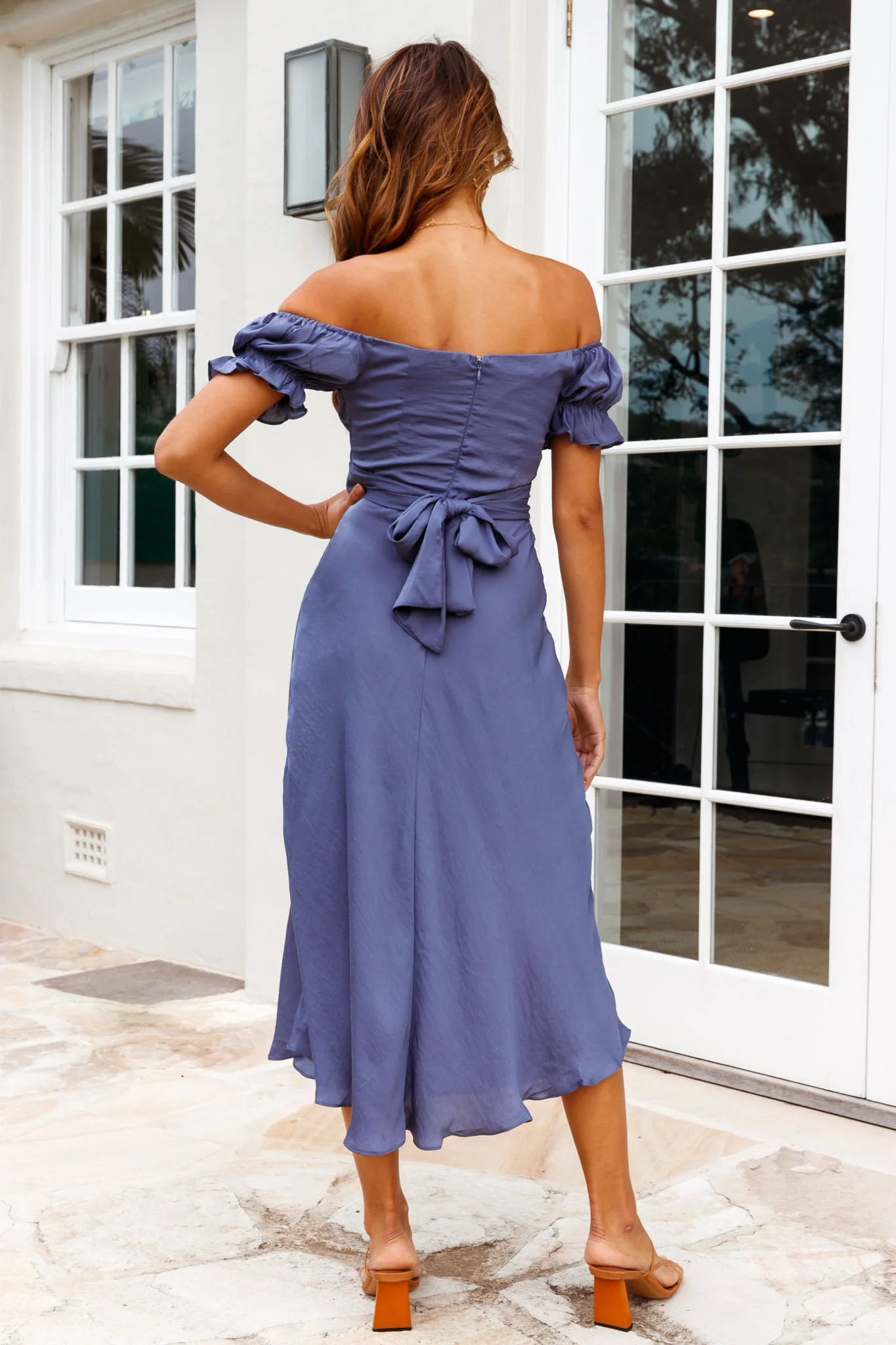 Linka Off-Shoulder Tie Back Midi Dress Midnight Blue