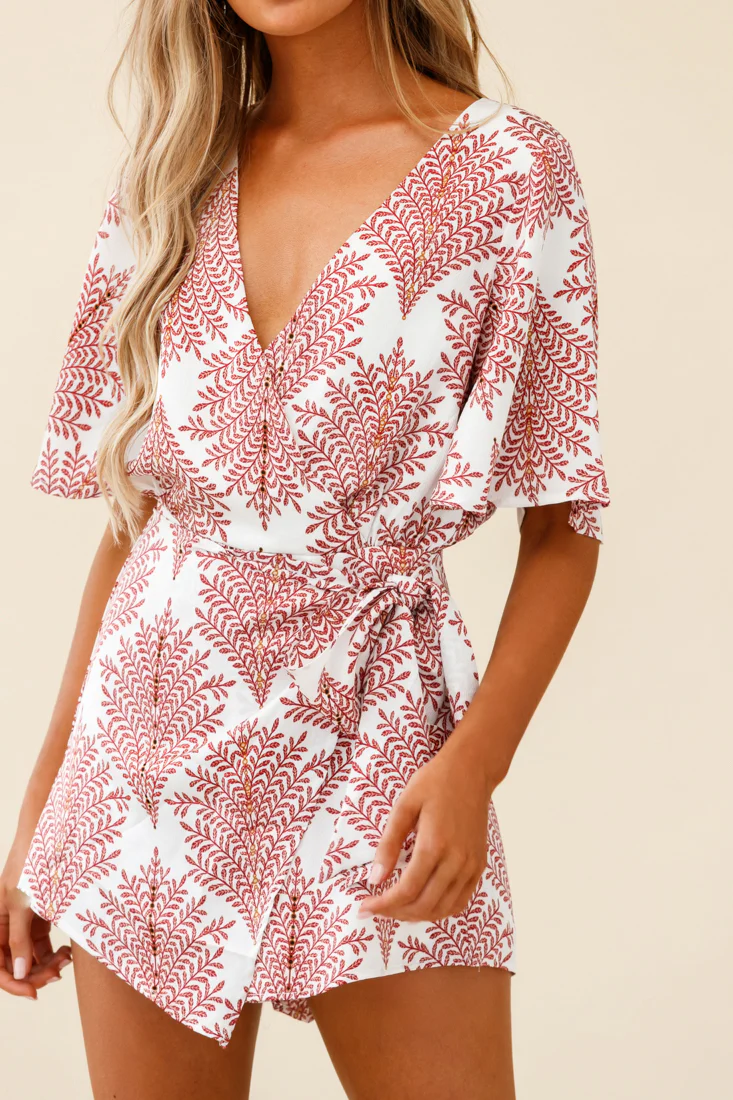 Nadi V-Neckline Wrap Romper Leaf Print White