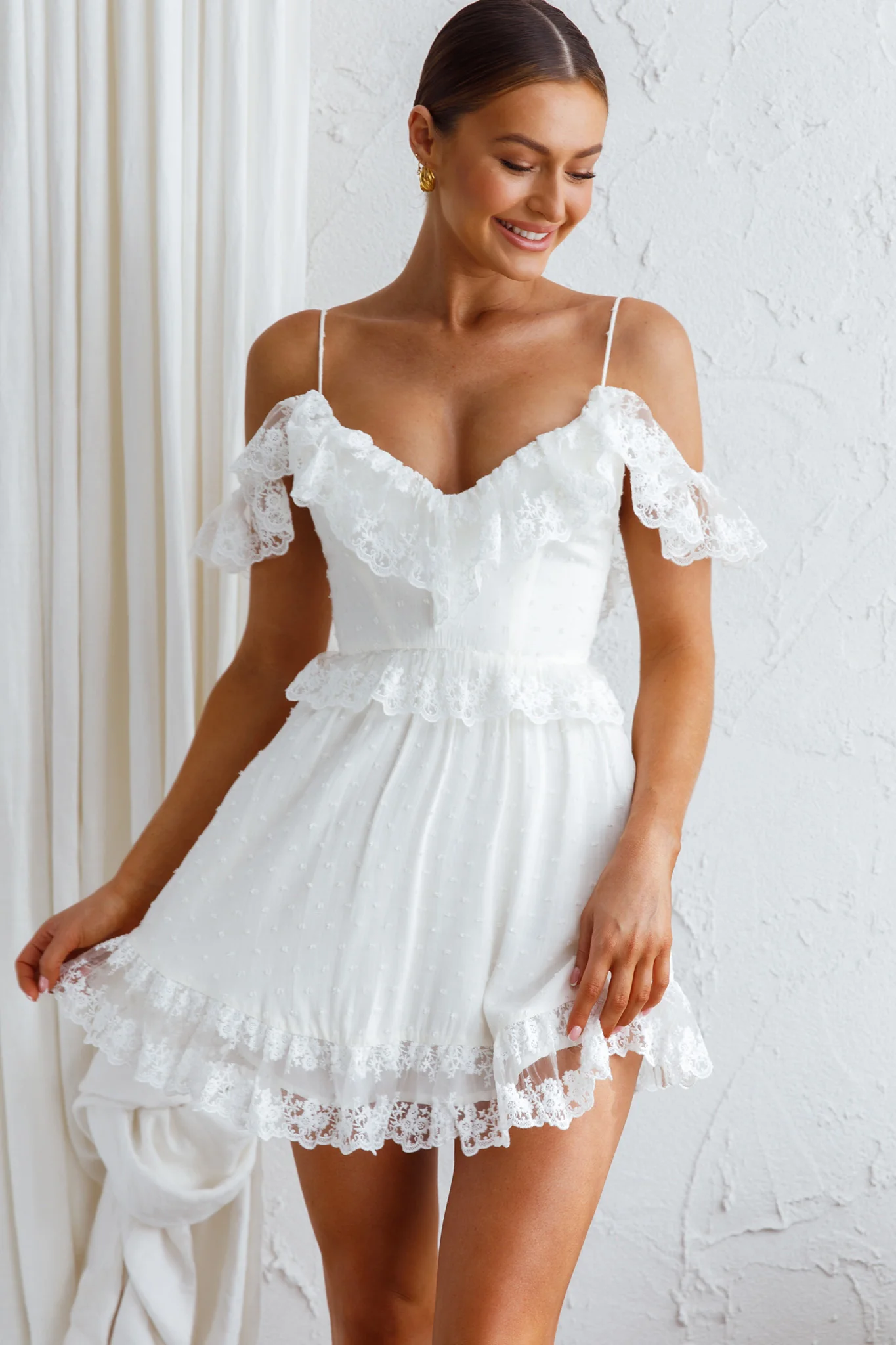Good Morning Sunshine Off Shoulder Lace Frill Trim Mini Dress White