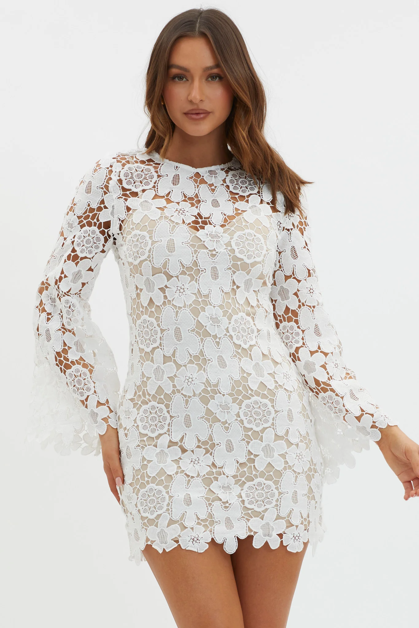 Reinhart Flared Sleeve Crochet Lace Dress White
