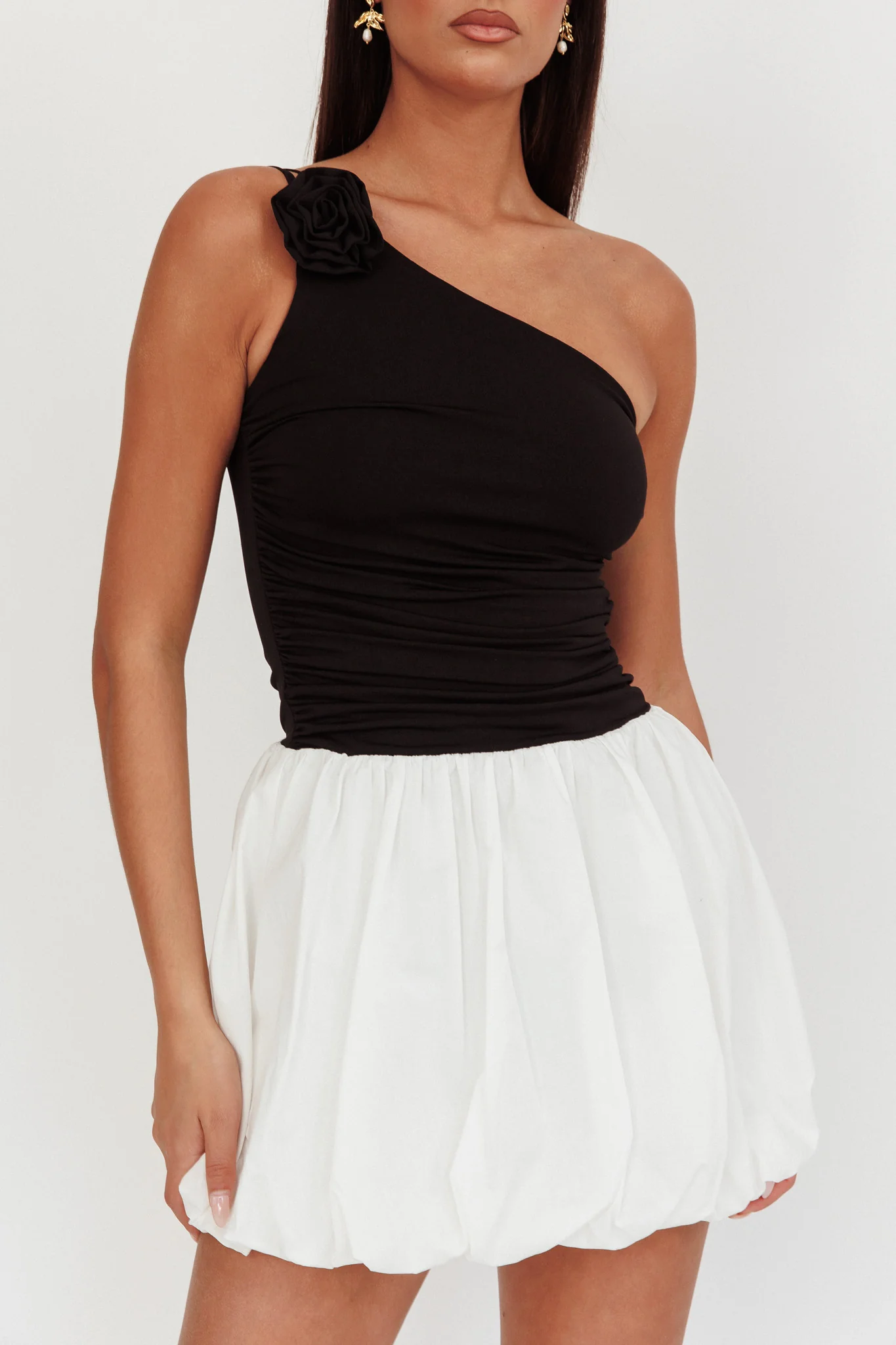 Corinthia One-Shoulder Bubble Mini Dress Black/White