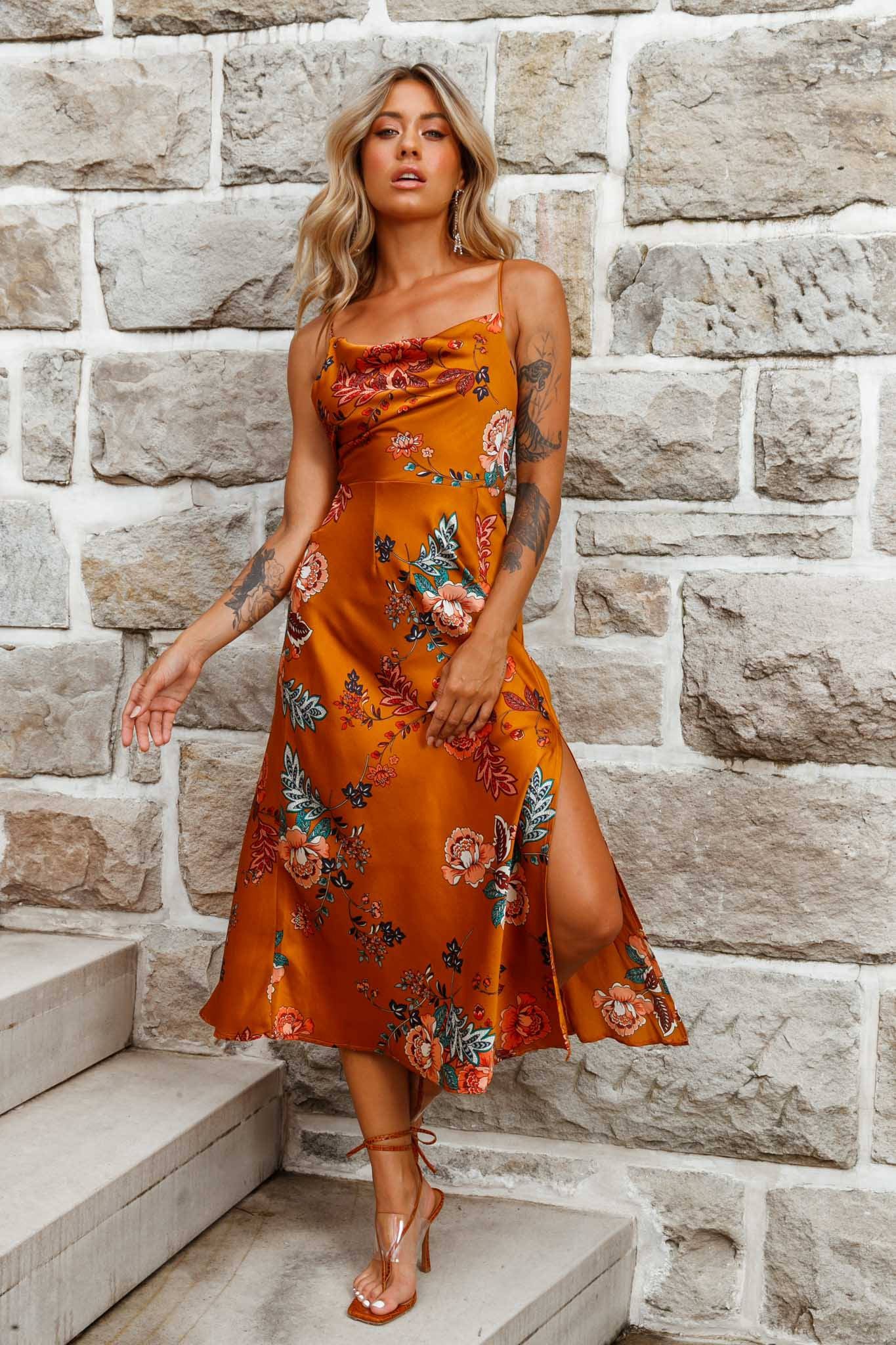 Suki Front Split Midi Dress Oriental Floral Print Mustard