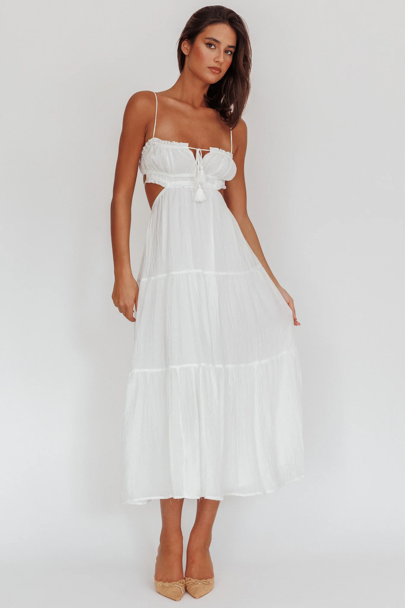 Eyona Cut-Out Waist Tie Maxi Dress White
