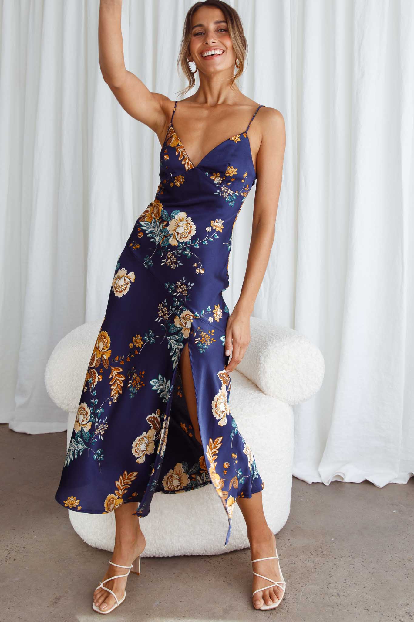 Downtown Cami Strap Front Split Midi Dress Oriental Flower Print Navy