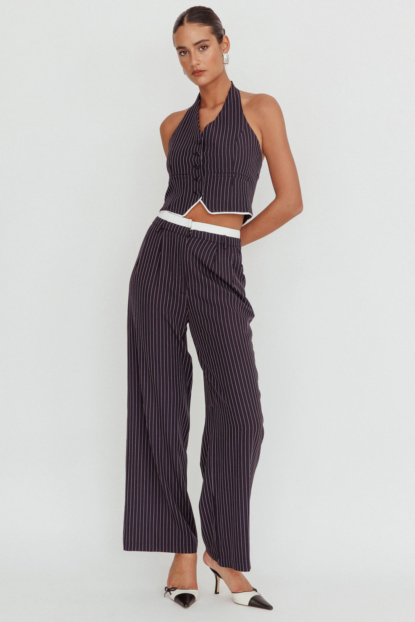 Lilija Pinstripe Double Waistband Wide-Leg Pants Navy