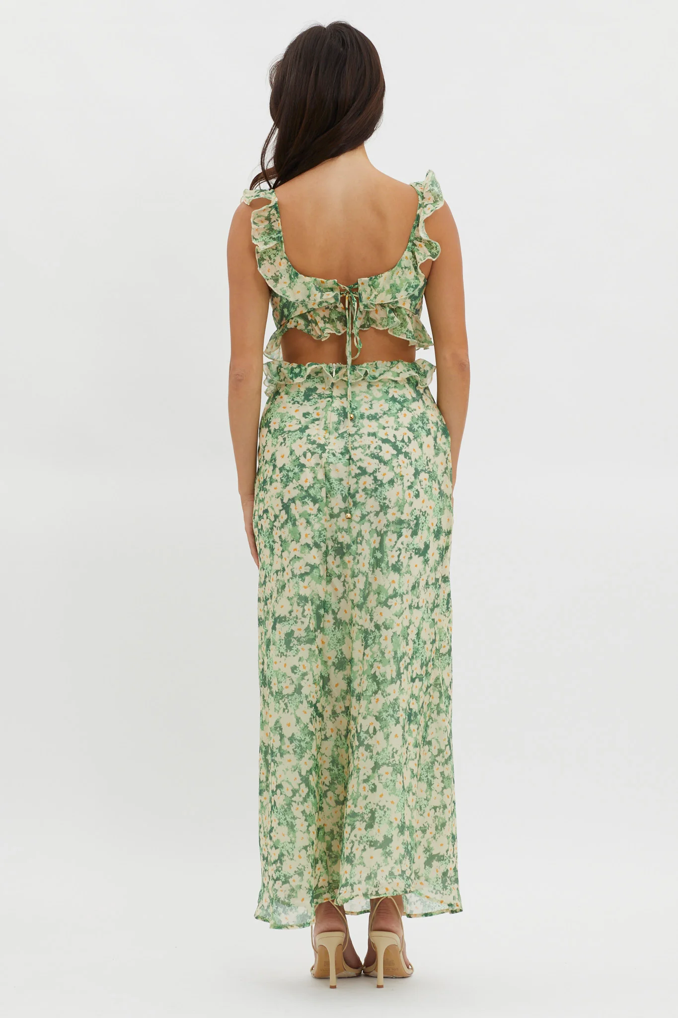 Second Chances Ruffle Trim Maxi Dress Flowers Green