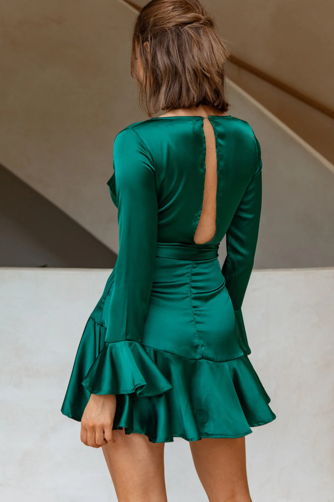 Khandi Long Sleeve Ruffle Wrap Dress Jade