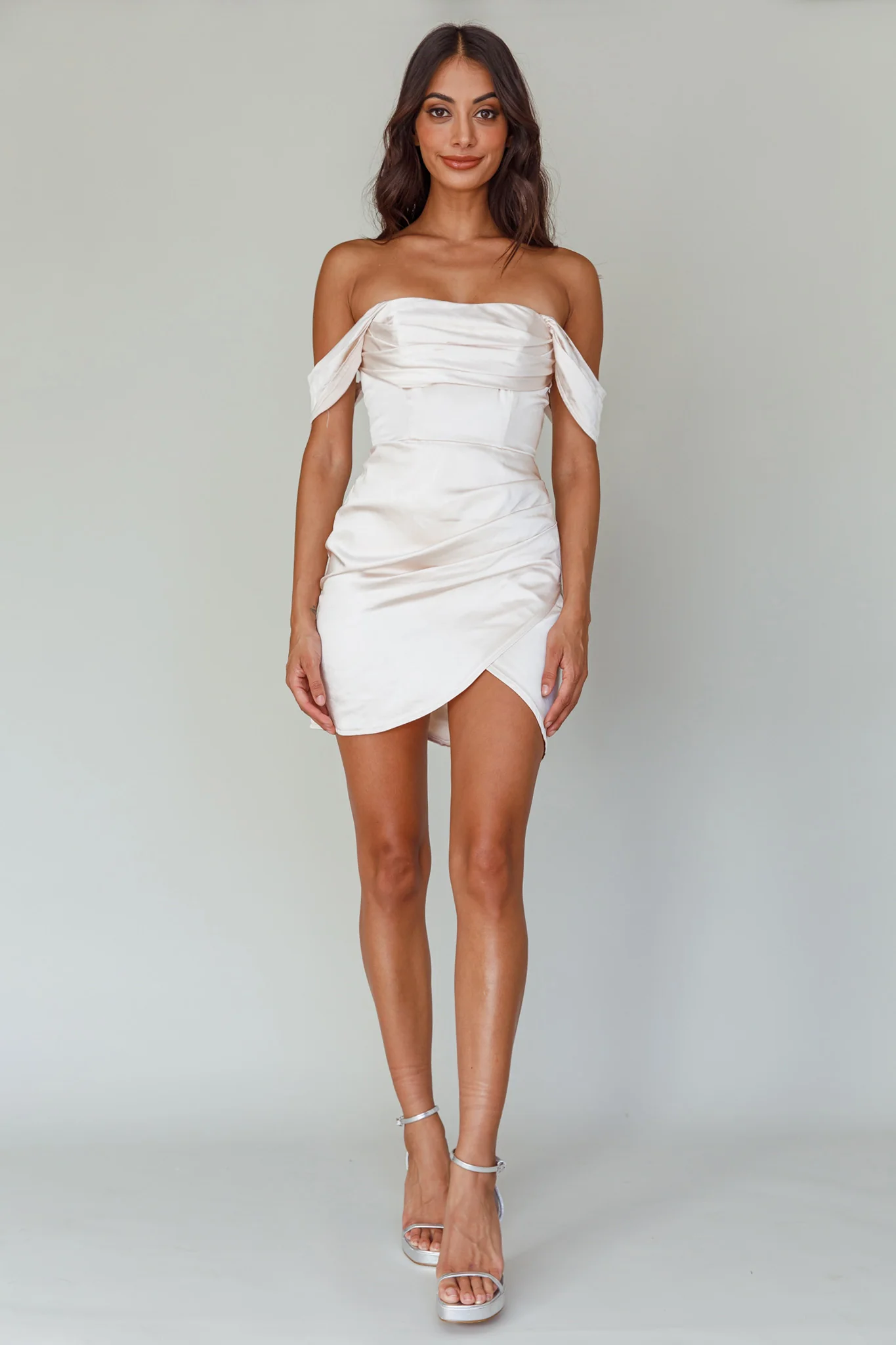 Night To Remember Off-Shoulder Satin Dress Champagne