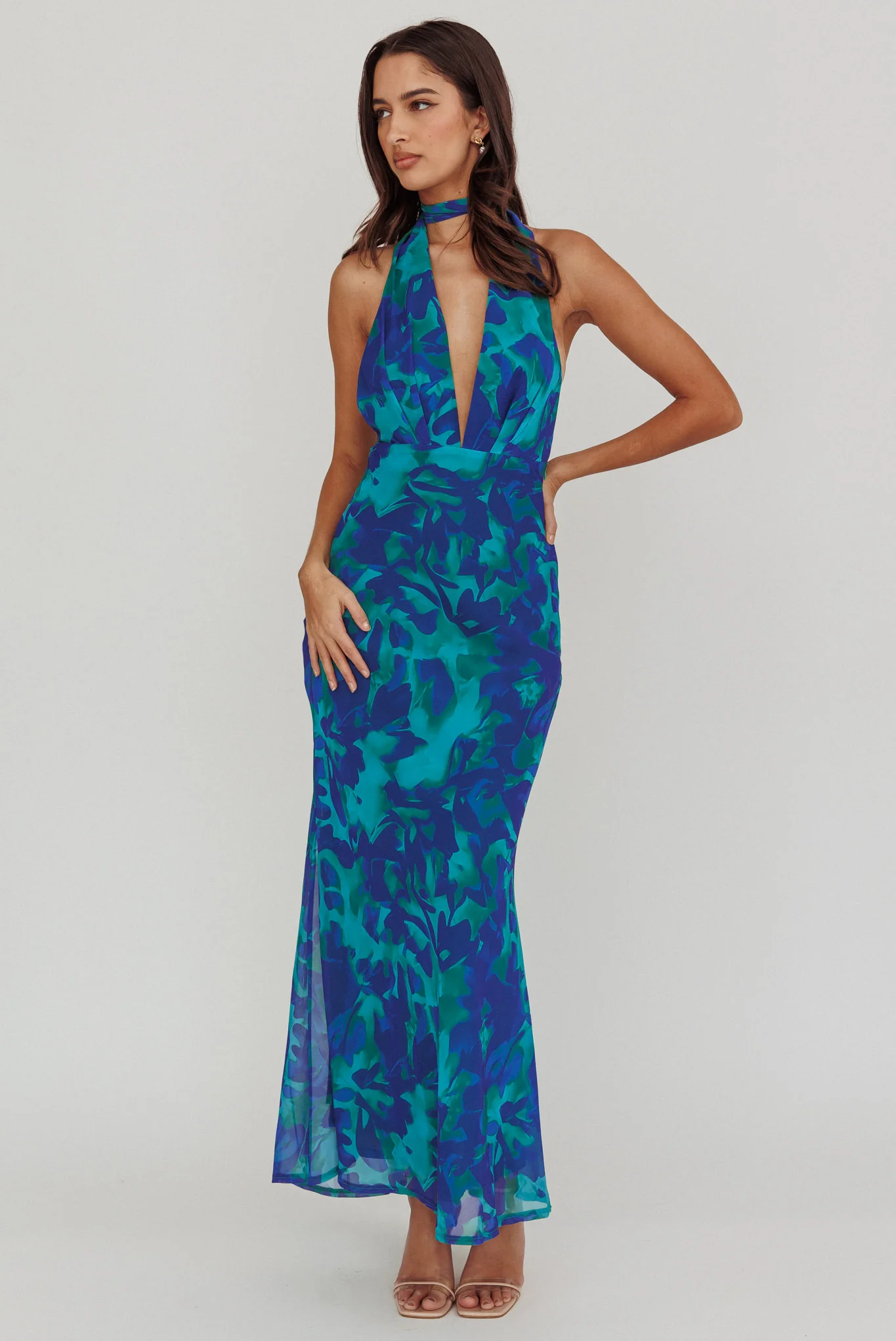 Italia Azure Halterneck Maxi Dress Abstract Blue
