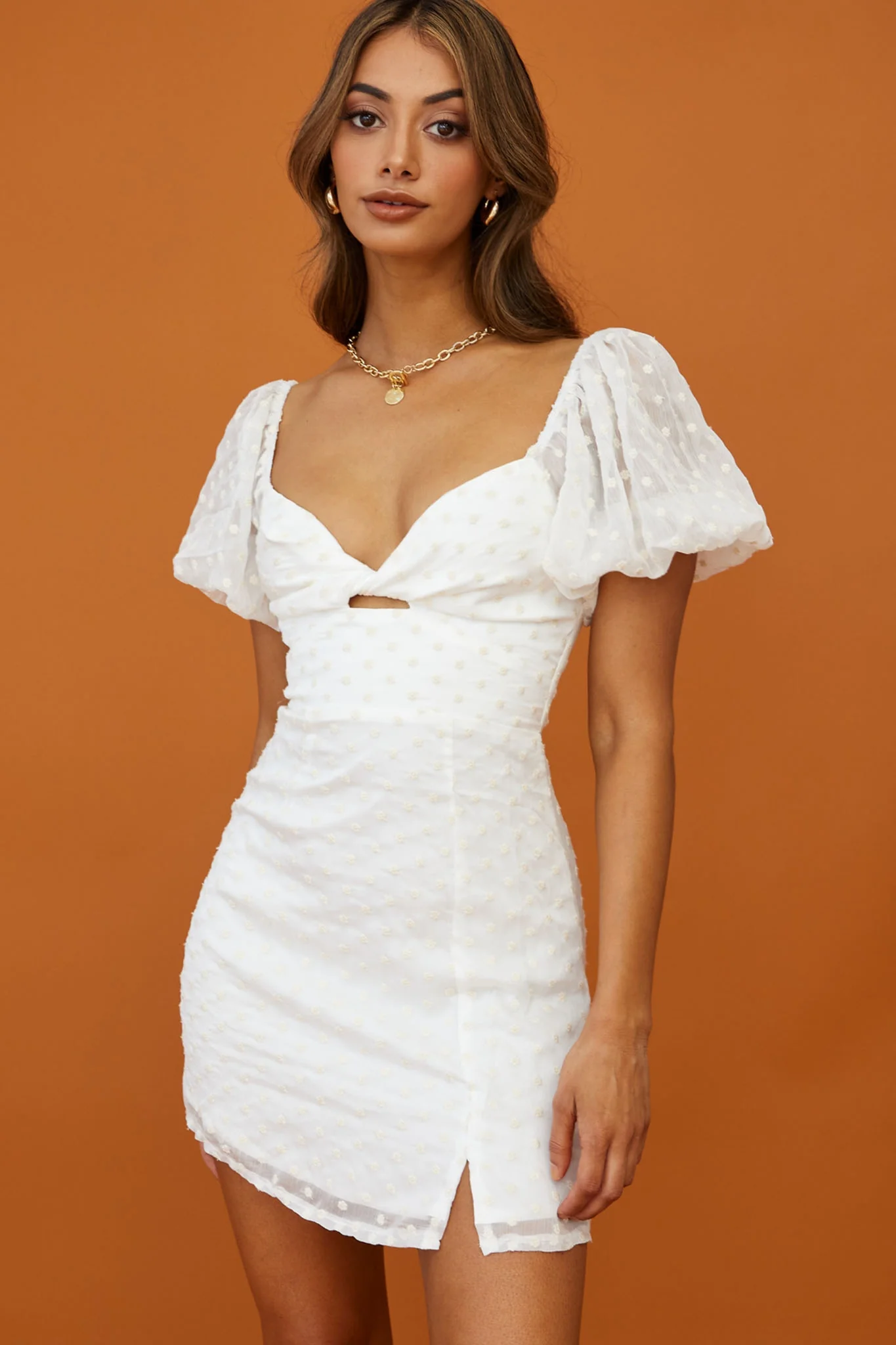 Molli Sheer Puff Sleeve Twist Feature Dress White
