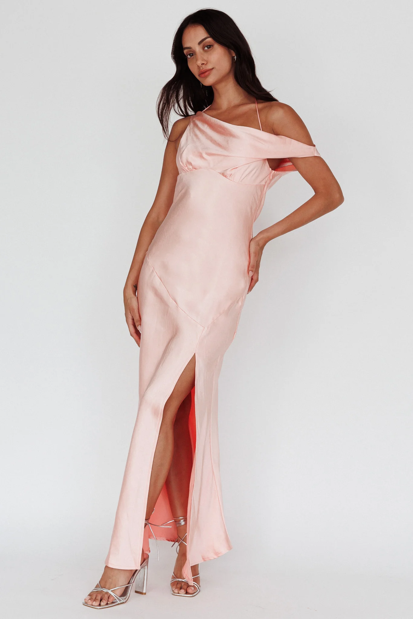 Etienne Off-Shoulder Halter Midi Dress Shimmer Pink