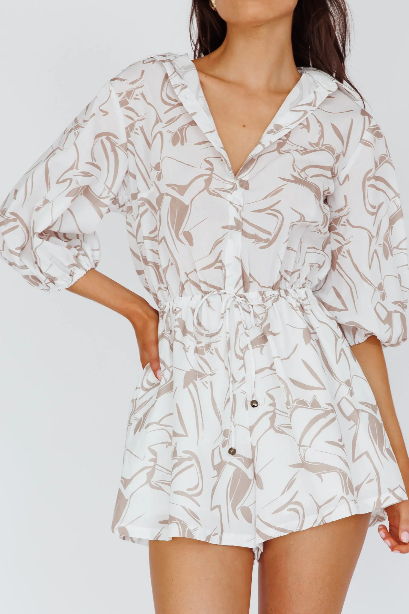 Tiki Puff Sleeve Drawstring Romper Print Beige