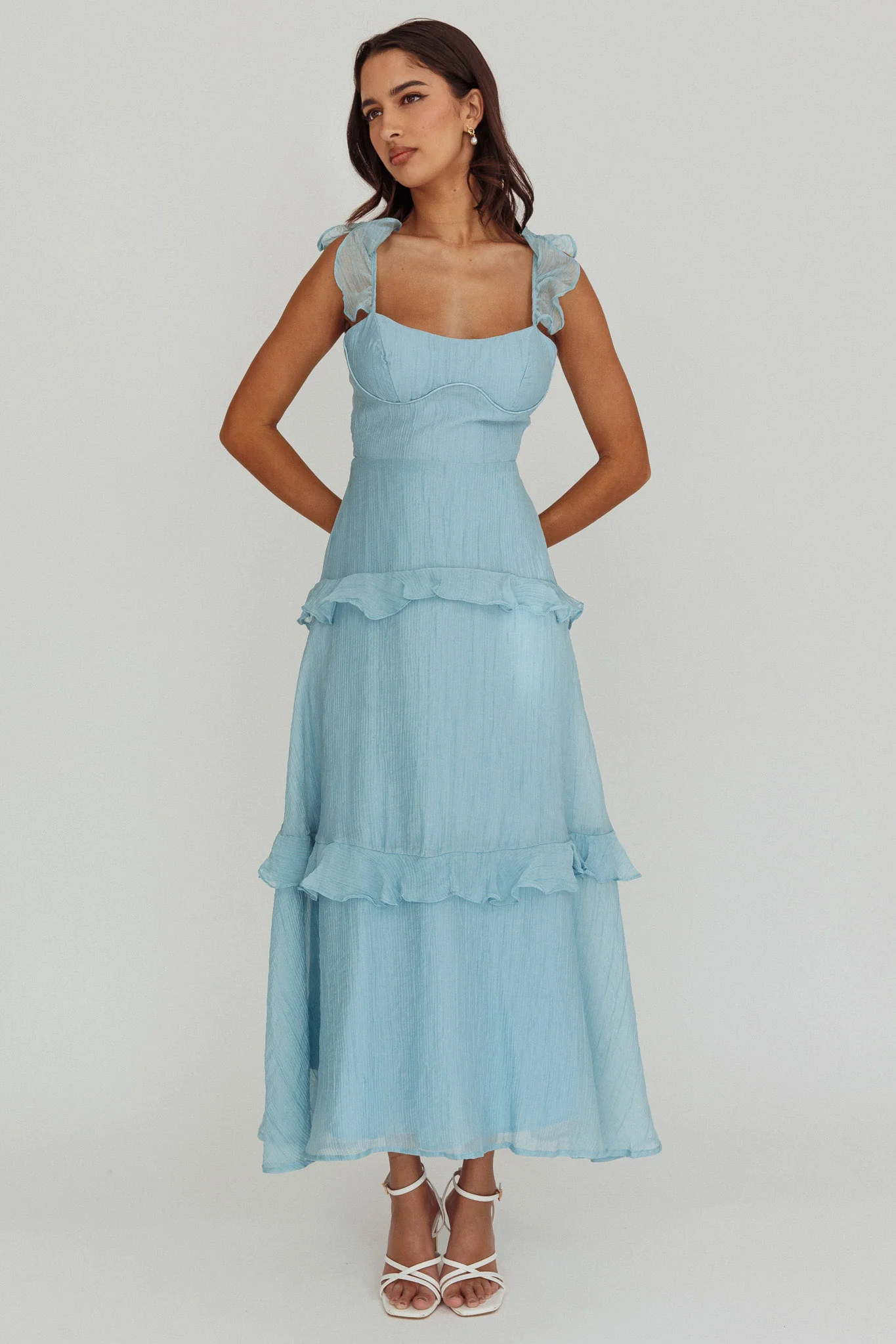 Moonlit Moment Ruffle Trim Lace-Up Back Maxi Dress Blue