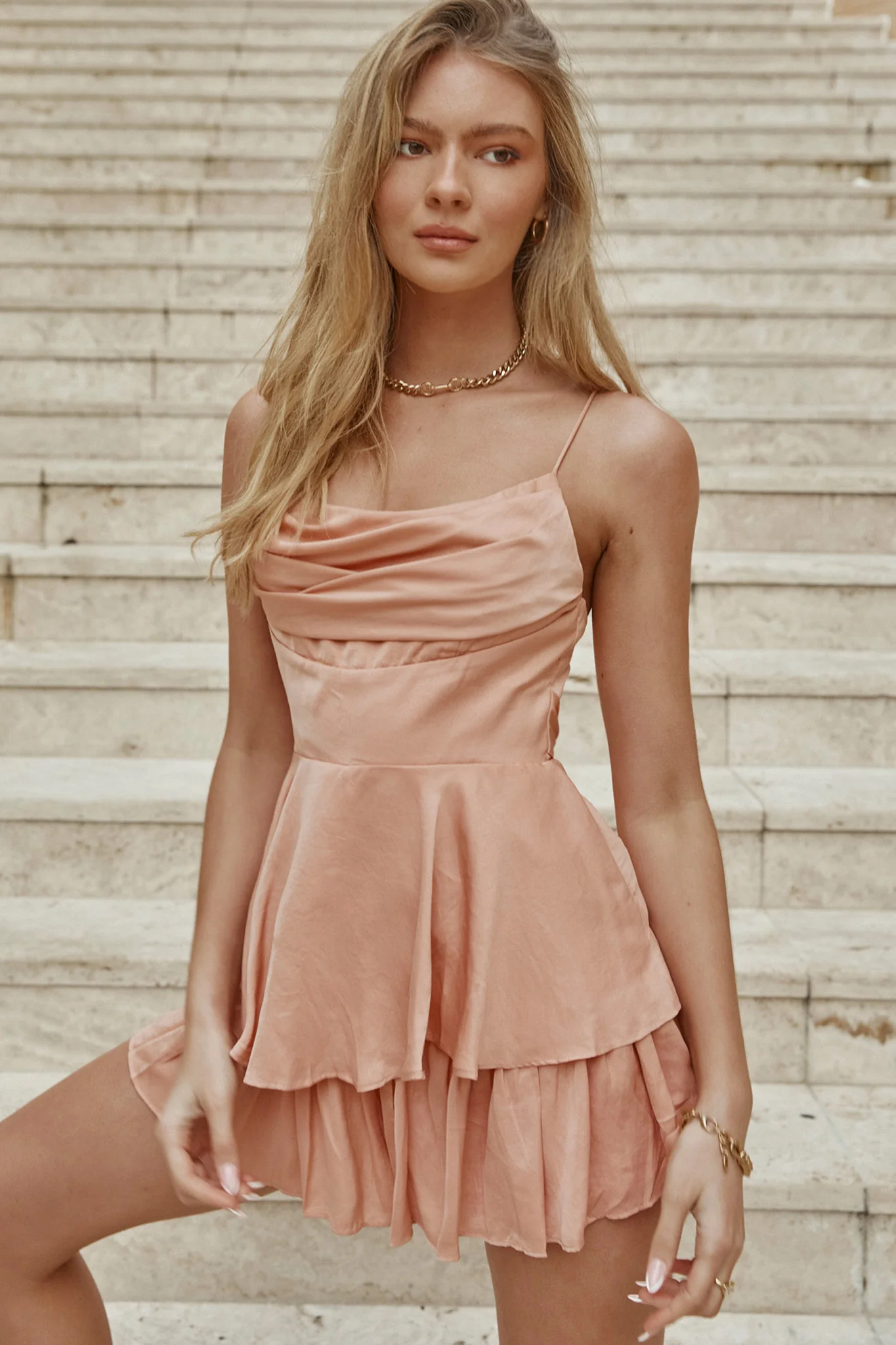 Well Versed Cowl Neck Flounce Romper Peach