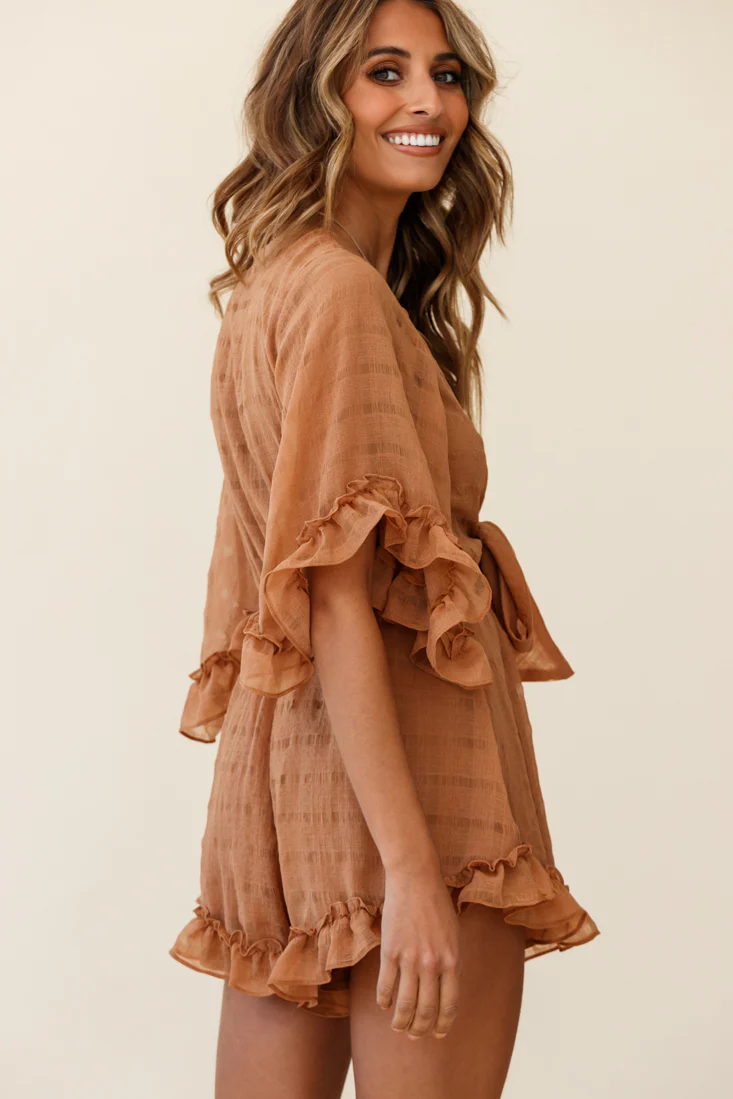 Athira Tied Bust Flared Sleeve Frill Romper Tan