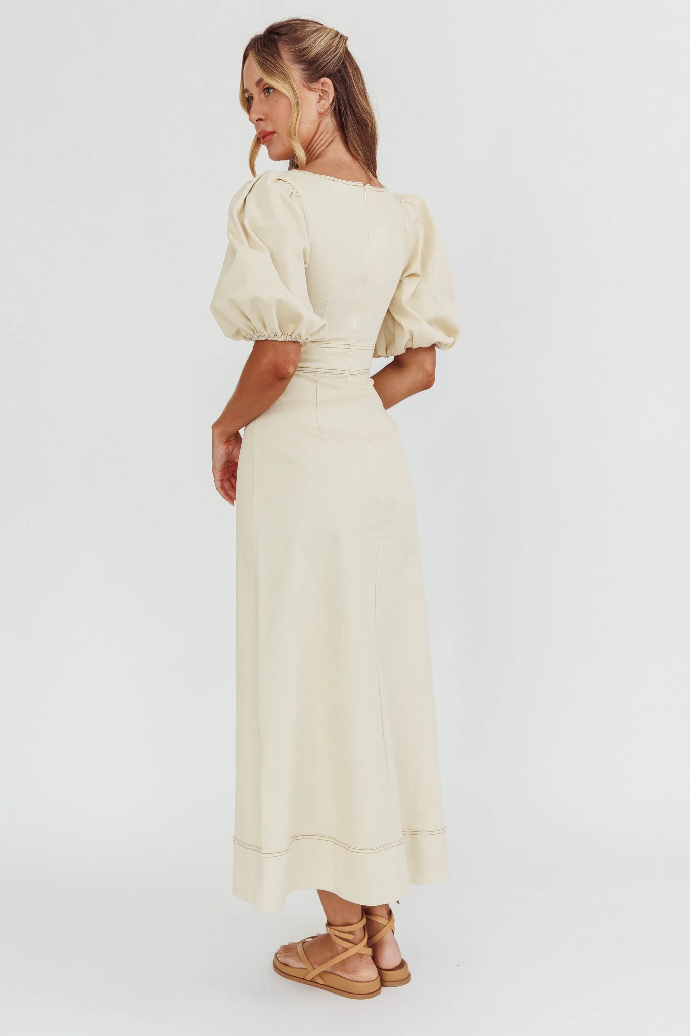 Sibille Puff Sleeve Contrast Stitch Dress Butter